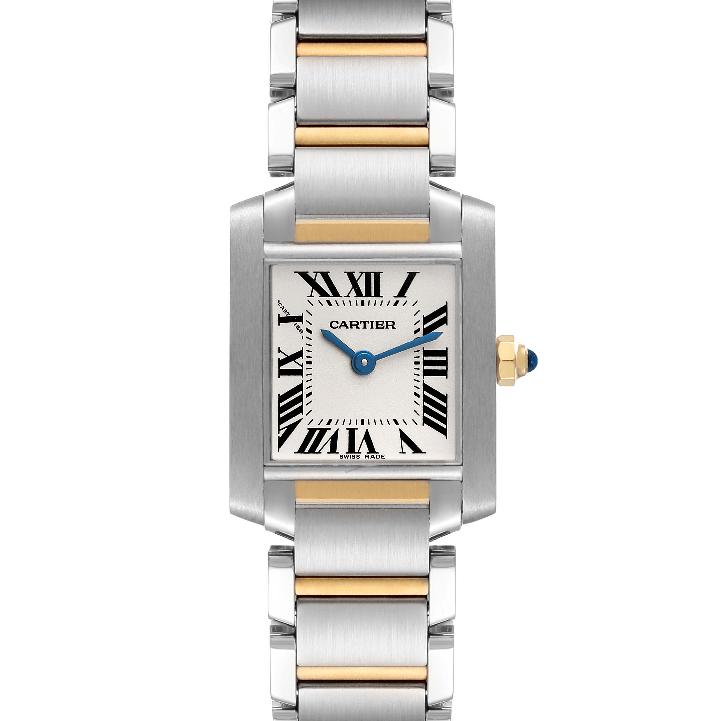 This image shows a front view of the Cartier Tank Francaise W51007Q4 Women's Steel and Gold (two tone) Silver Dial W51007Q4 Women's Steel and Gold (two tone) Silver Dial watch, highlighting its rectangular dial and two-tone metal bracelet.