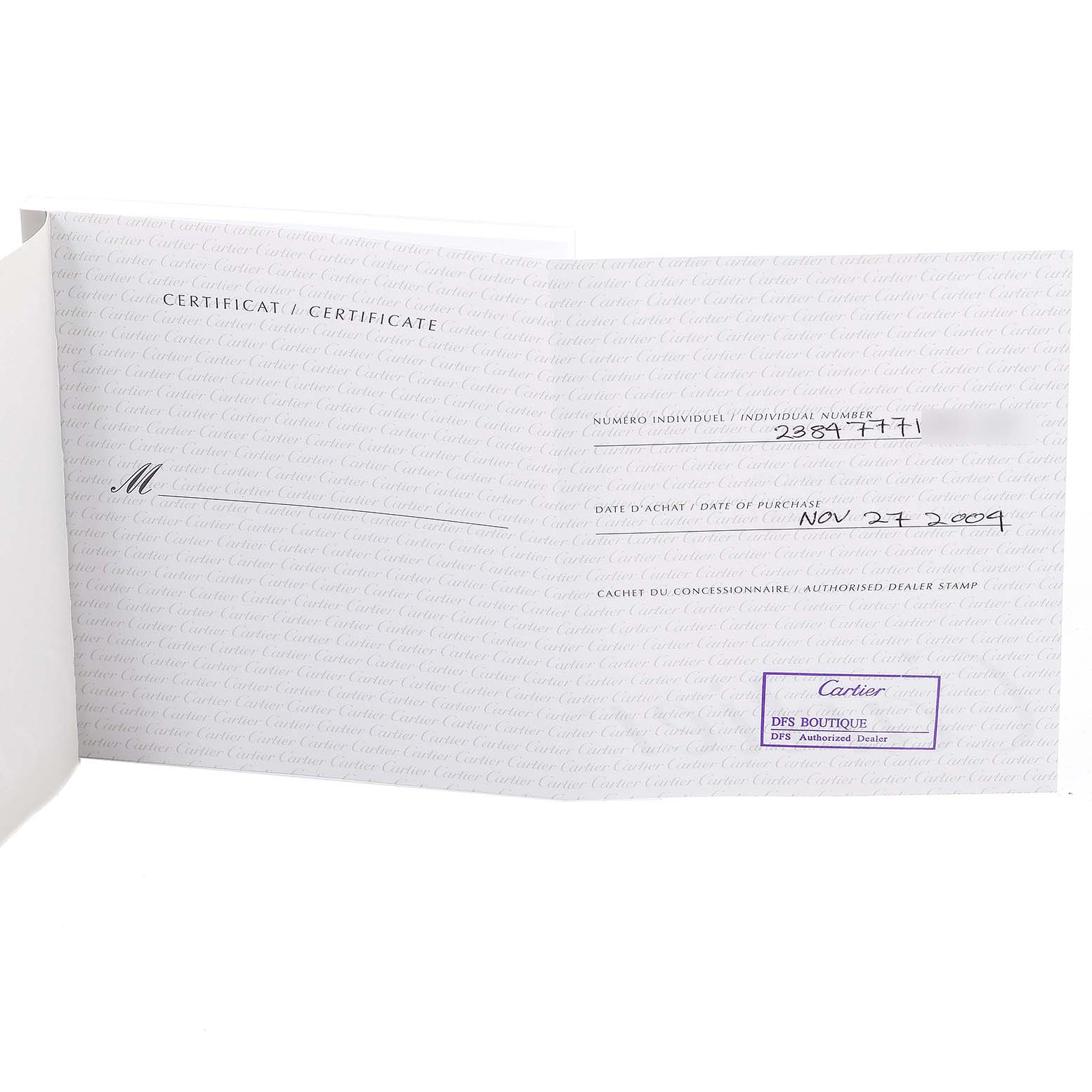 This image shows an open Cartier certificate with individual number and date of purchase for the Cartier Tank Francaise W51007Q4 Women's Steel and Gold (two tone) Silver Dial W51007Q4 Women's Steel and Gold (two tone) Silver Dial model watch.