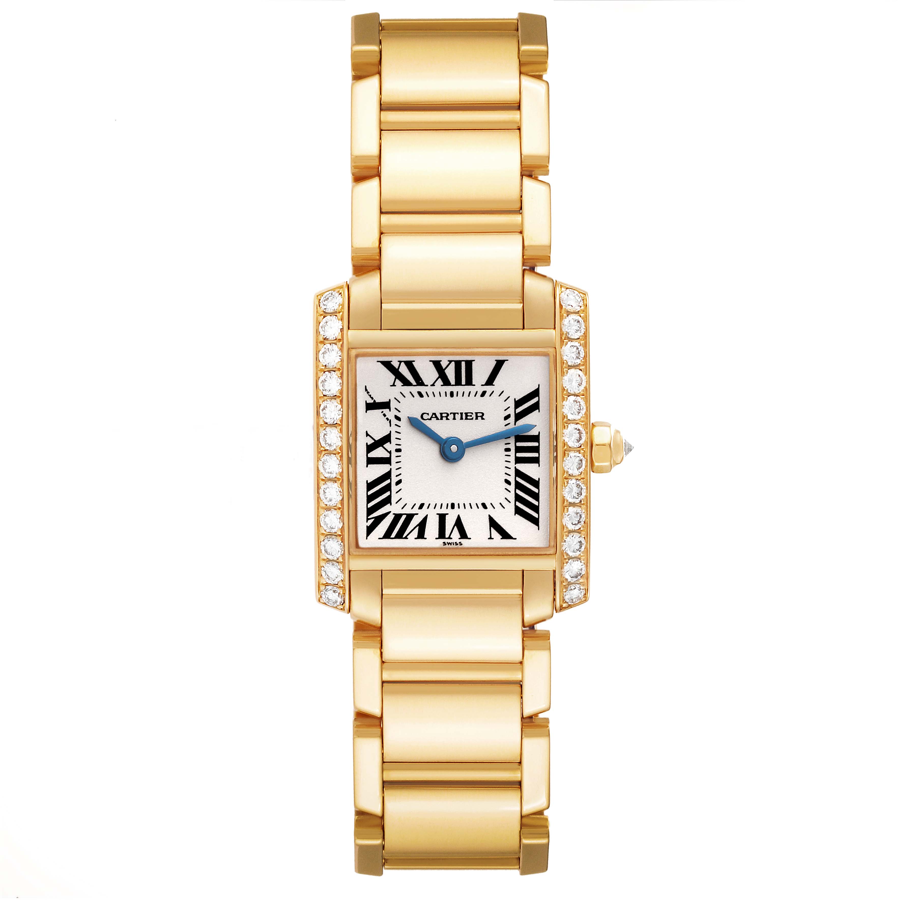 The image shows a full frontal view of a Cartier Tank Francaise WE1001R8 Women's Yellow Gold Silver Dial WE1001R8 Women's Yellow Gold Silver Dial watch with a gold bracelet and diamond-set bezel.