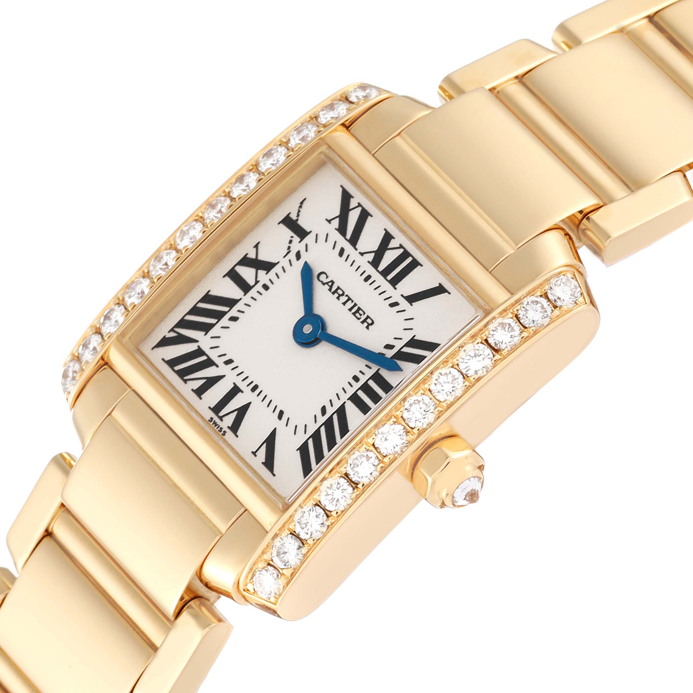 This image shows a close-up angled view of the Cartier Tank Francaise WE1001R8 Women's Yellow Gold Silver Dial WE1001R8 Women's Yellow Gold Silver Dial model, highlighting the gold case, diamond bezel, and bracelet.