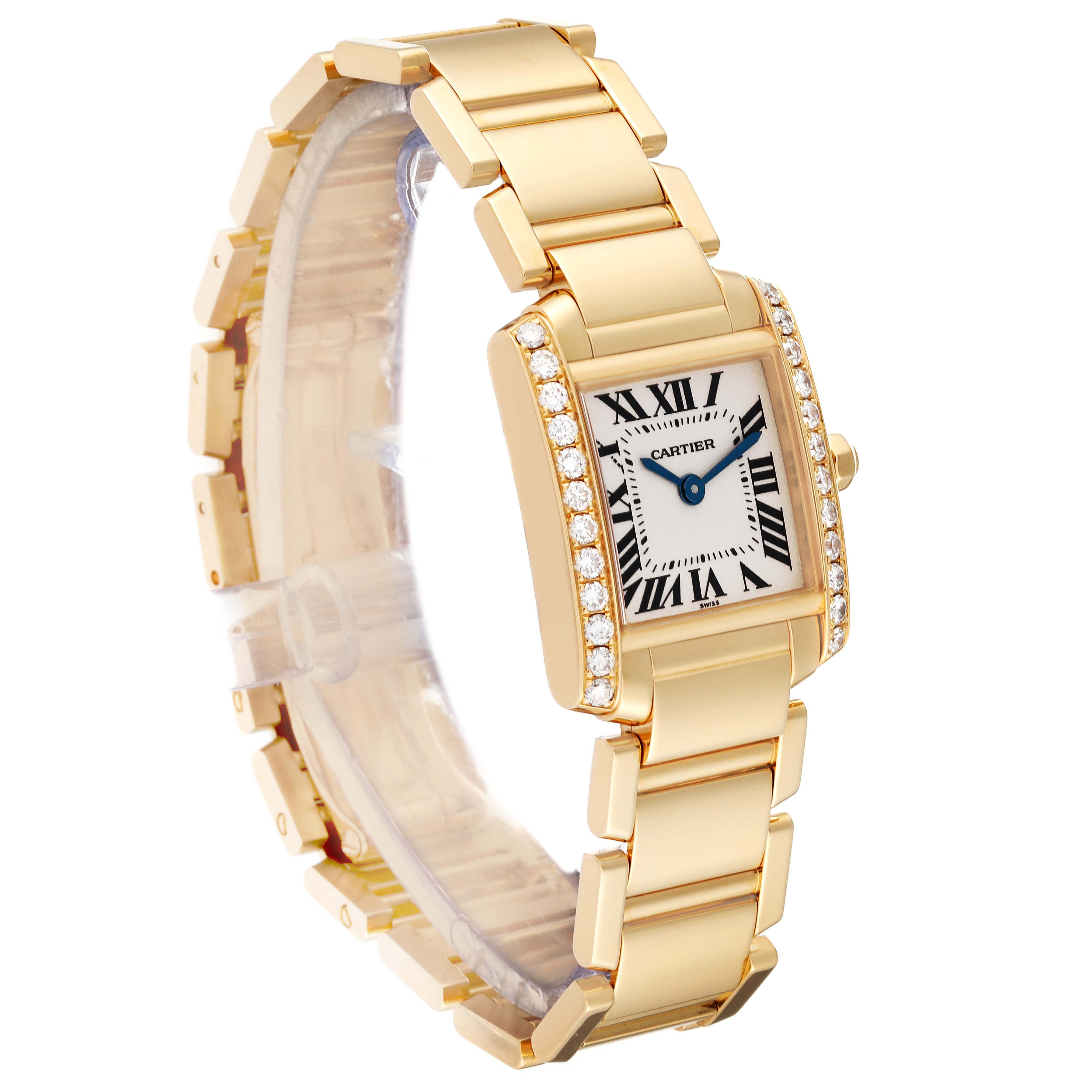 The Cartier Tank Francaise WE1001R8 Women's Yellow Gold Silver Dial WE1001R8 Women's Yellow Gold Silver Dial watch is shown from a three-quarter angle, displaying its gold bracelet and diamond-encrusted bezel.
