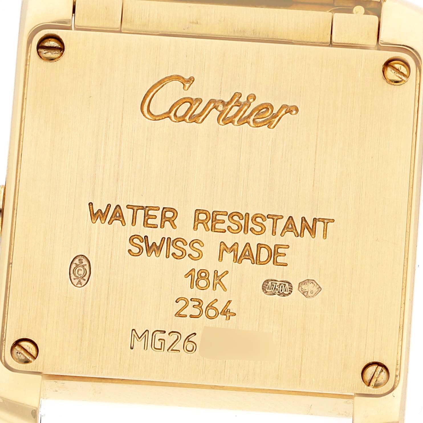 This image shows the back case of the Cartier Tank Française watch, highlighting details like the branding, material, and water resistance.