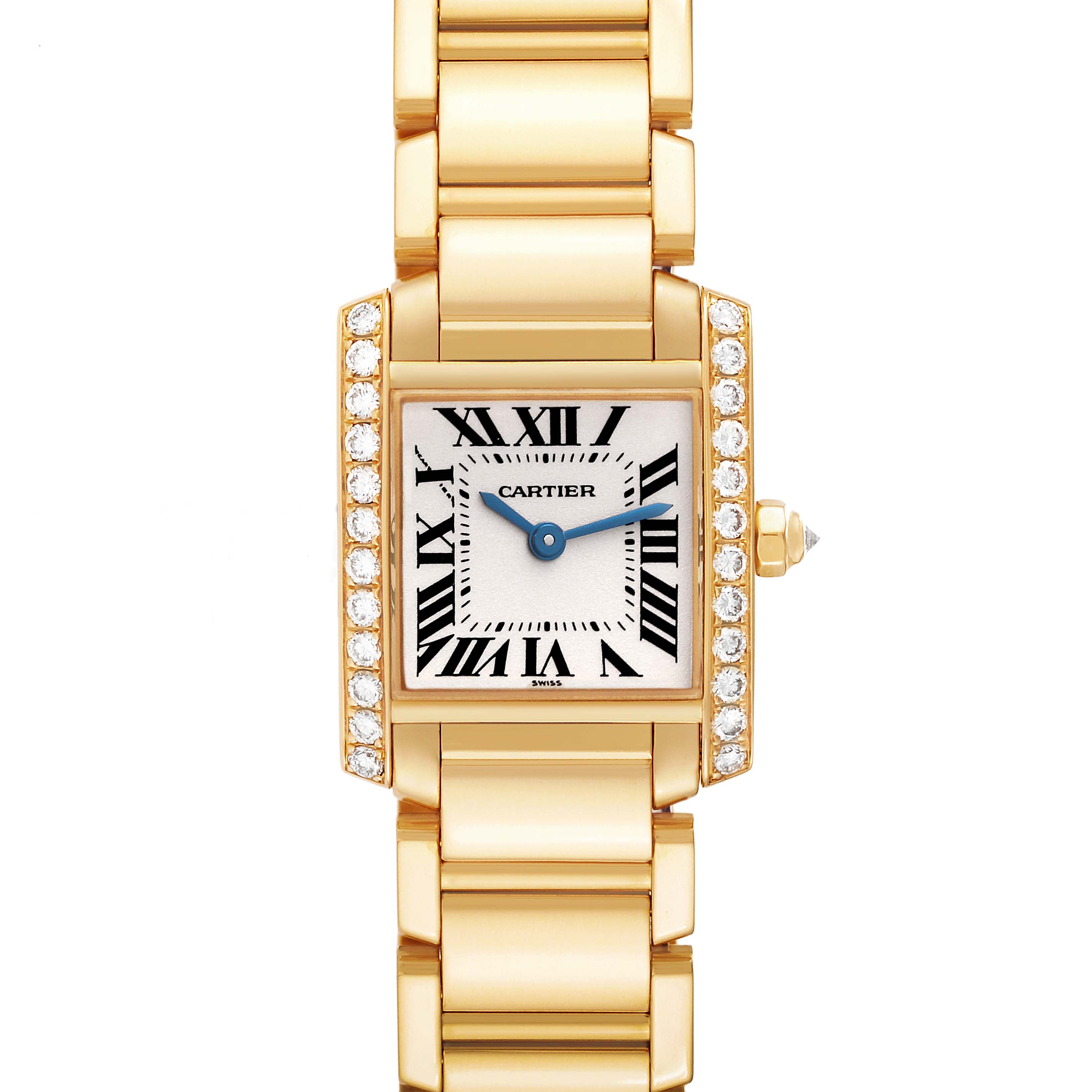 Front view of the Cartier Tank Française, featuring a gold bracelet, diamond-set bezel, and Roman numeral dial.