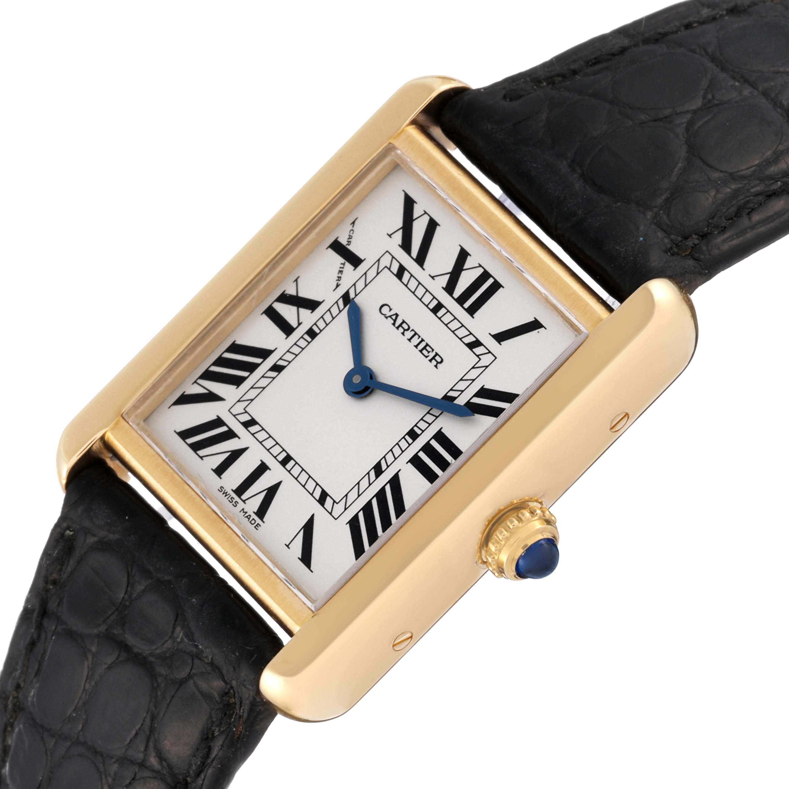 The Cartier Tank Solo W5200002 Women
s Steel and Gold (two tone) Silver Dial W5200002 Women
s Steel and Gold (two tone) Silver Dial watch is shown at an angled view highlighting its rectangular dial, Roman numerals, and leather strap.