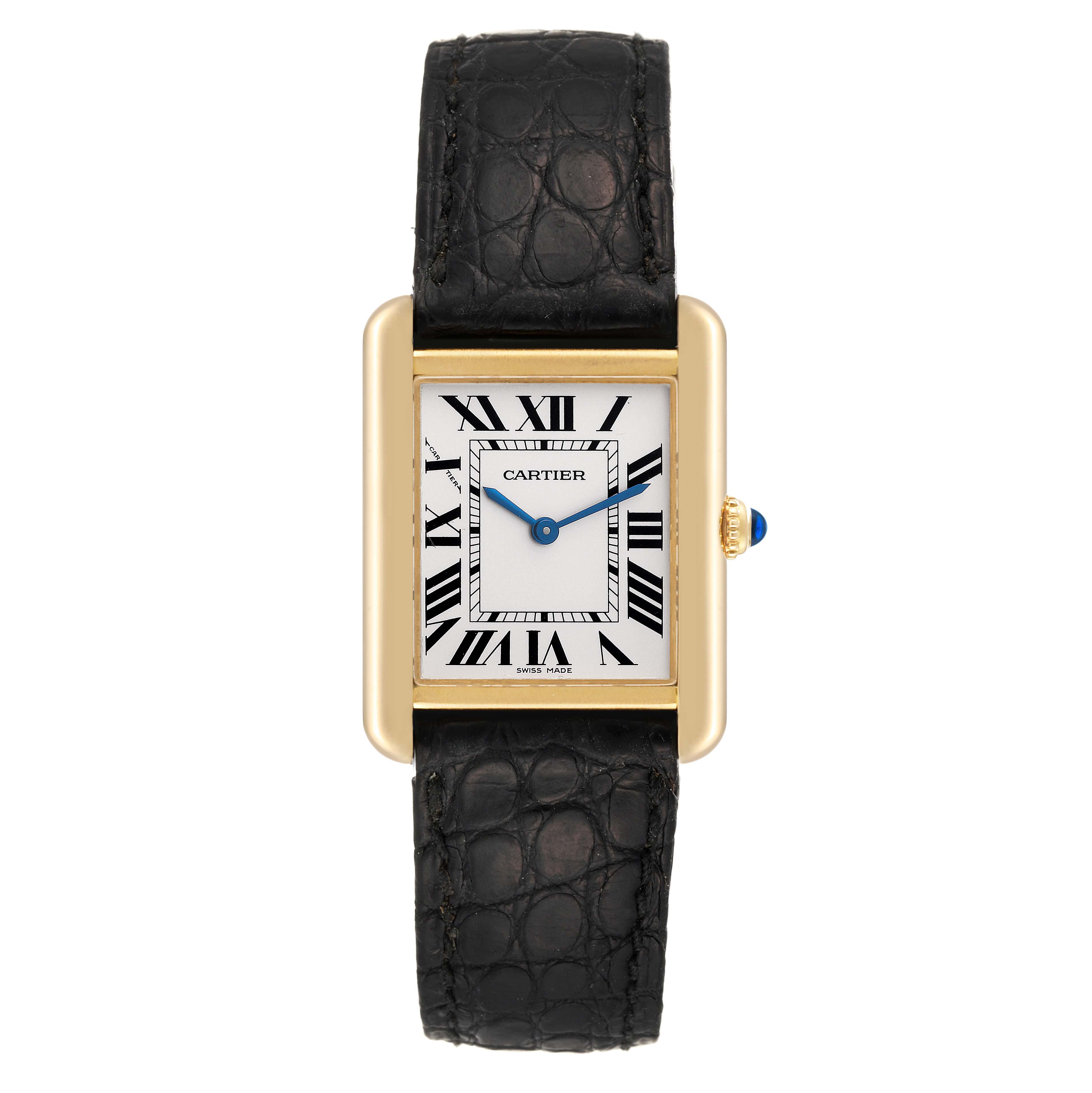 This Cartier Tank Solo W5200002 Women
s Steel and Gold (two tone) Silver Dial W5200002 Women
s Steel and Gold (two tone) Silver Dial watch is shown in a front view, including its rectangular face, blue hands, Roman numerals, and black leather strap.