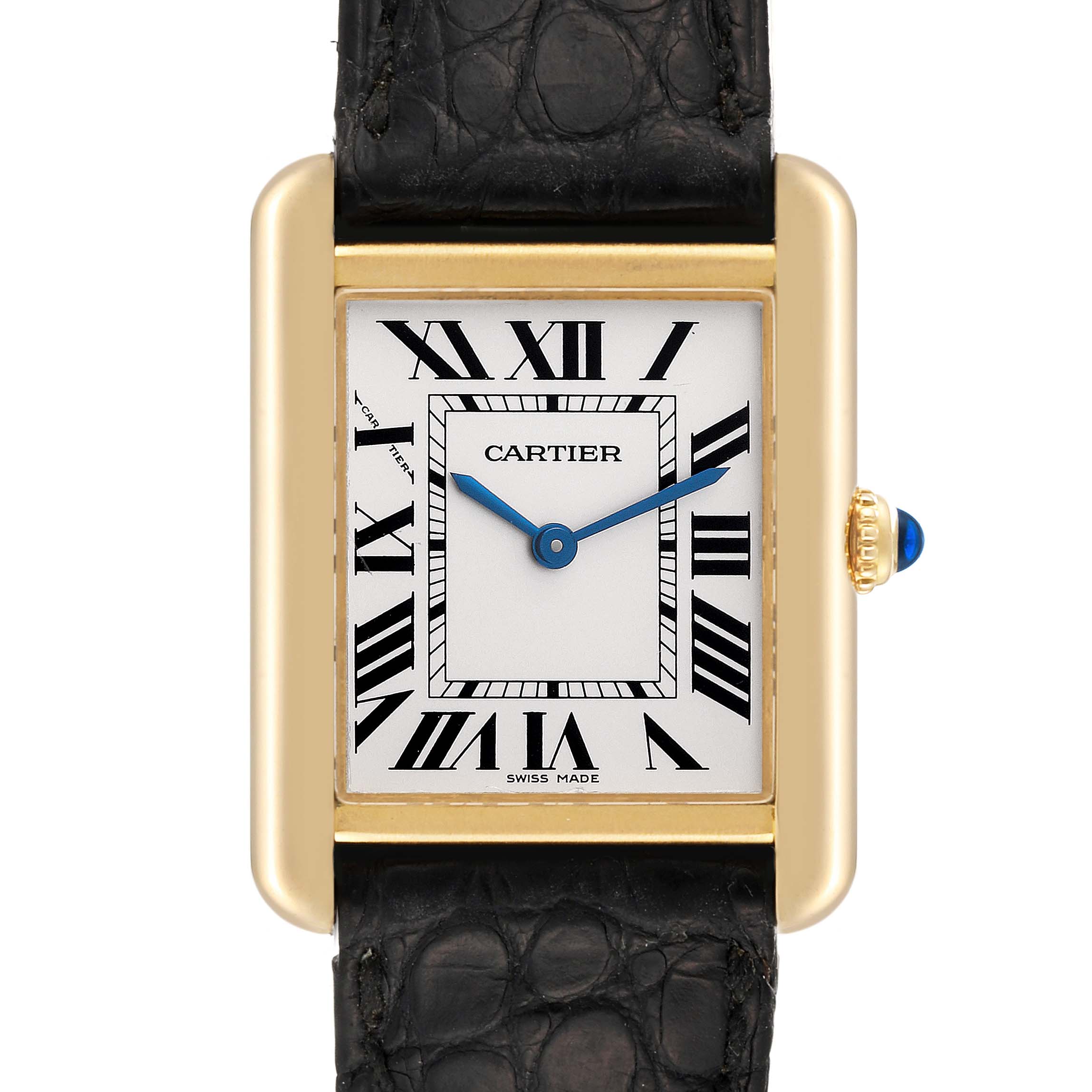 This image shows a close-up front view of the Cartier Tank Solo W5200002 Women
s Steel and Gold (two tone) Silver Dial W5200002 Women
s Steel and Gold (two tone) Silver Dial watch face, including the dial, hands, and part of the leather strap.