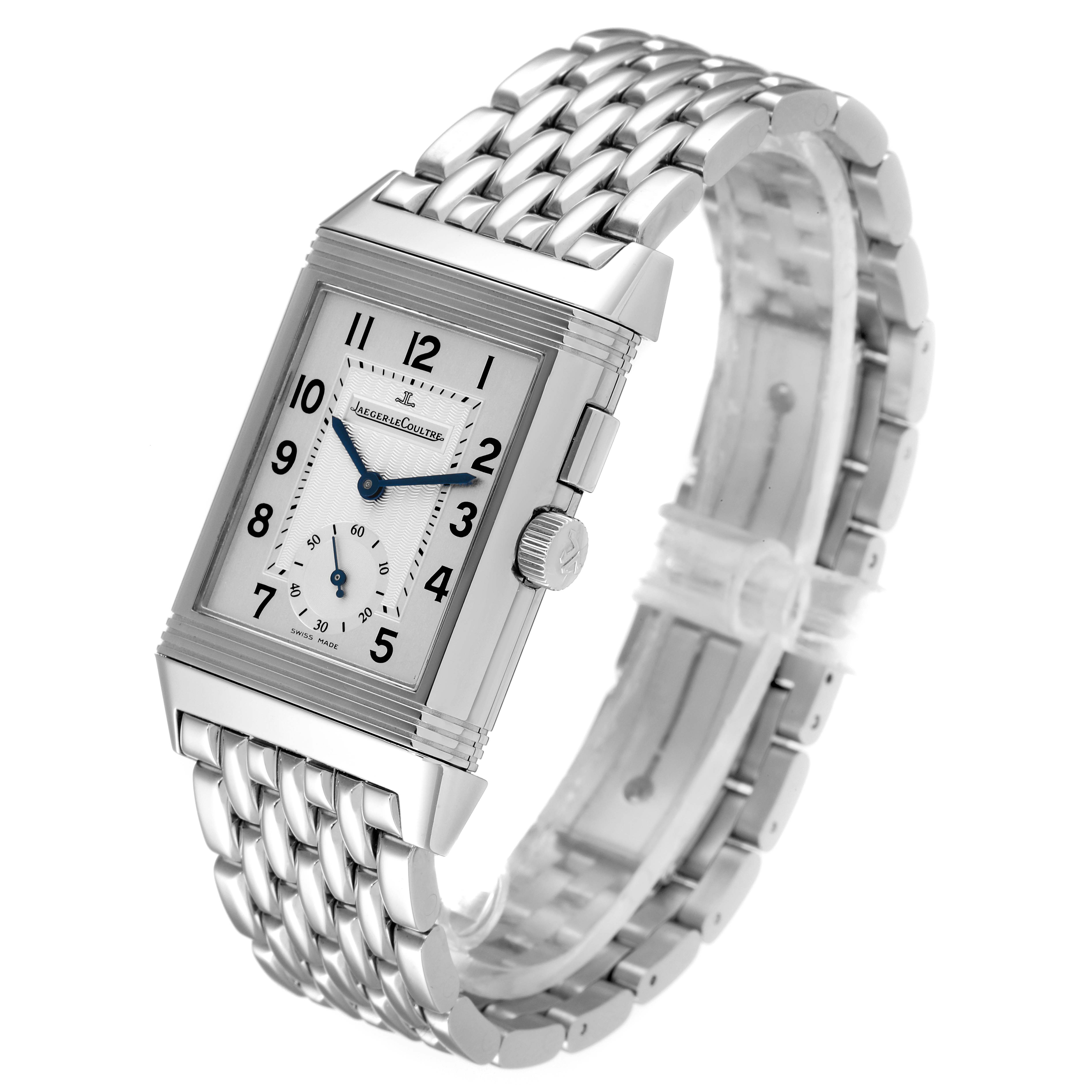 The image shows a Jaeger LeCoultre Reverso Q2718110 Men's Stainless Steel Silver Dial Q2718110 Men's Stainless Steel Silver Dial watch, highlighting its rectangular face, numbers, and metal bracelet at an angled view.