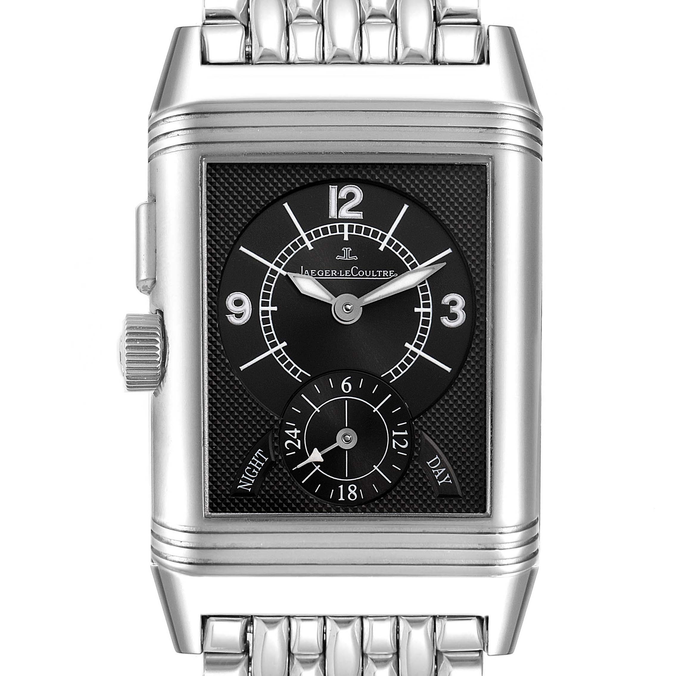 This image shows a frontal view of the Jaeger LeCoultre Reverso Q2718110 Men's Stainless Steel Silver Dial Q2718110 Men's Stainless Steel Silver Dial watch, displaying its dial, hands, crown, and part of the bracelet.