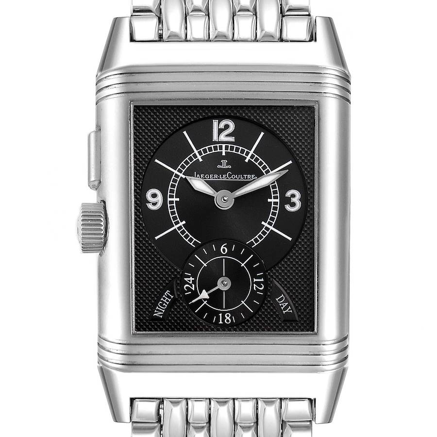 This image shows a frontal view of the Jaeger LeCoultre Reverso watch, displaying its dial, hands, crown, and part of the bracelet.