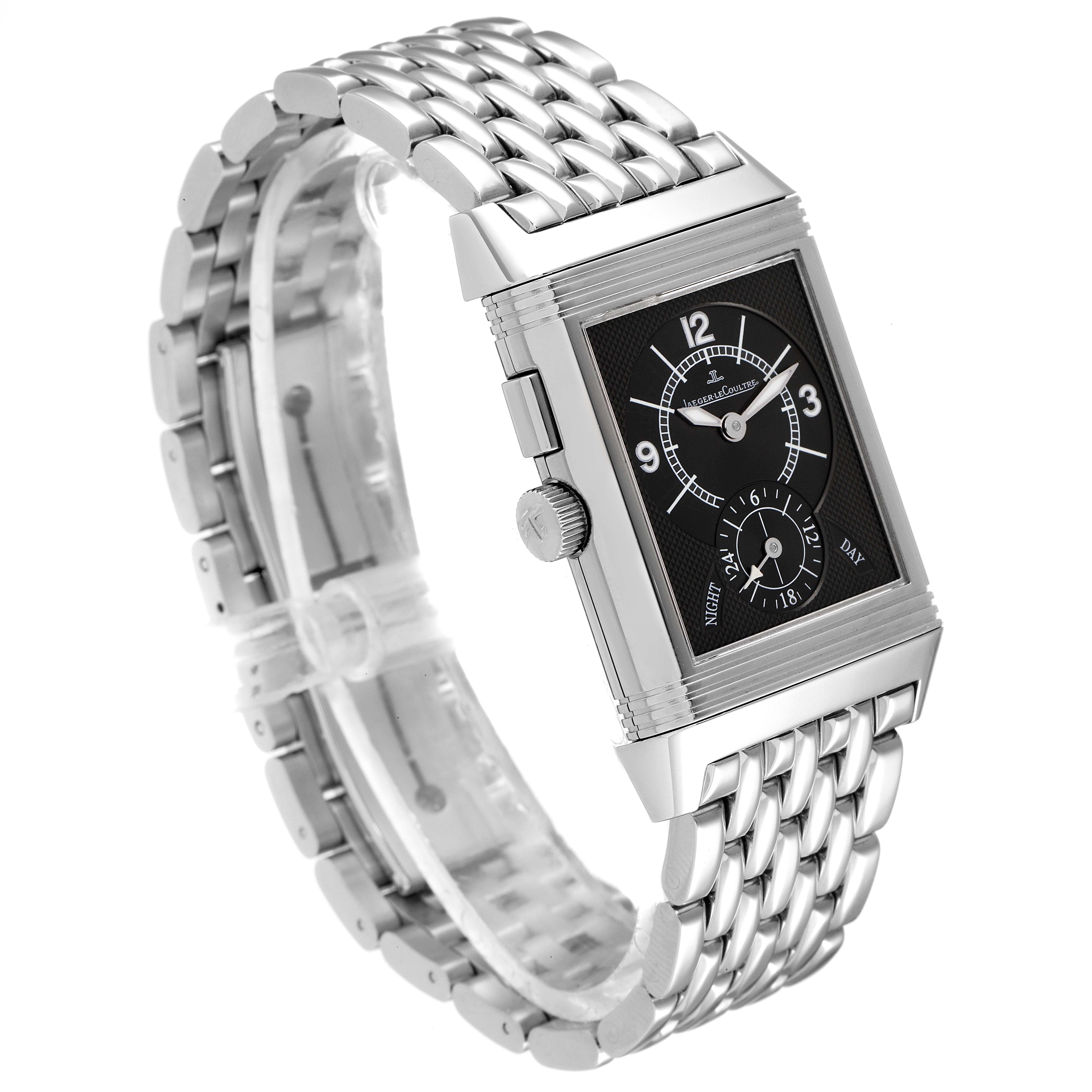 The image shows a Jaeger LeCoultre Reverso Q2718110 Men's Stainless Steel Silver Dial Q2718110 Men's Stainless Steel Silver Dial watch at an angle highlighting the face, crown, and metal bracelet.