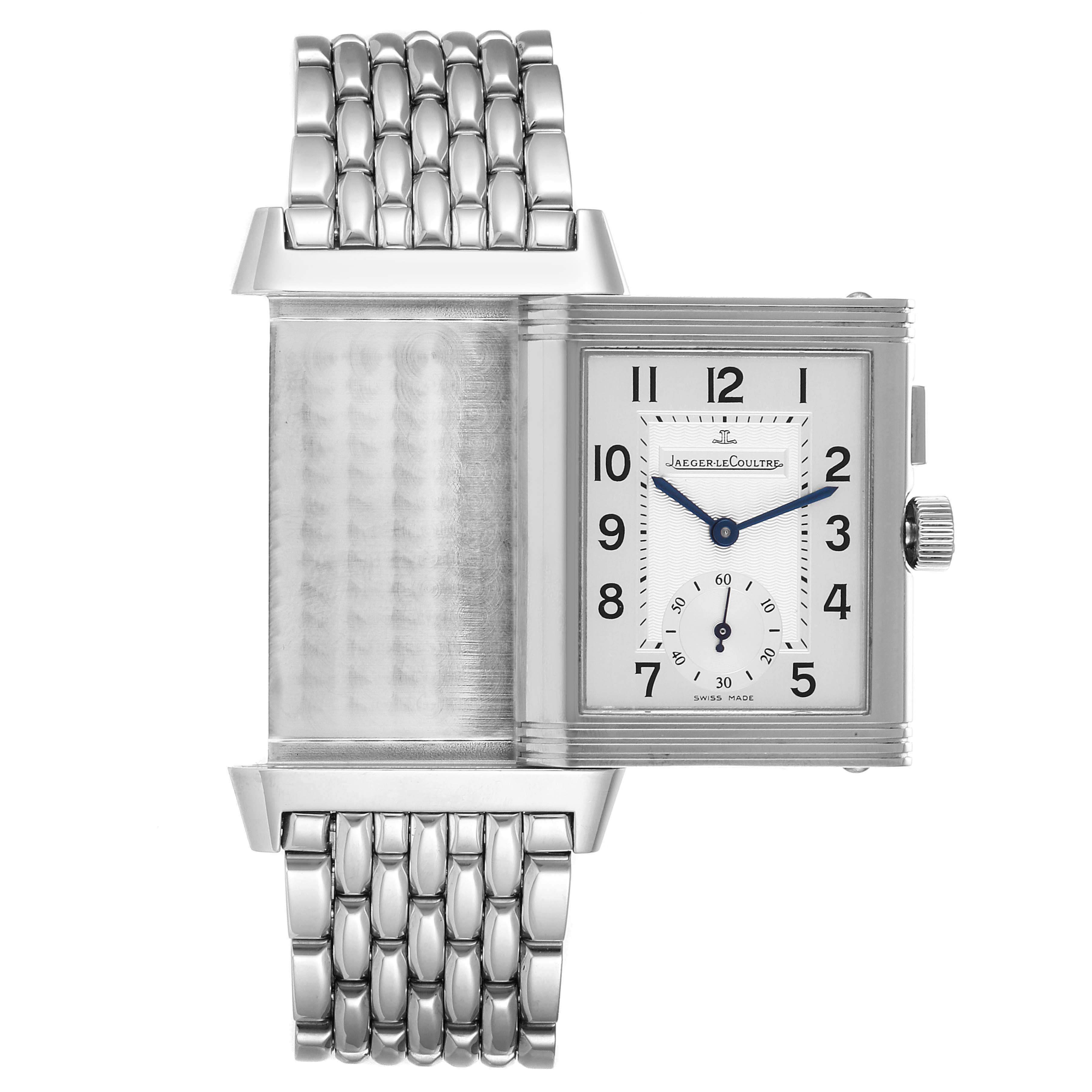 The image shows the rotating case of the Jaeger LeCoultre Reverso Q2718110 Men's Stainless Steel Silver Dial Q2718110 Men's Stainless Steel Silver Dial watch, displaying both the front dial and the metal bracelet.