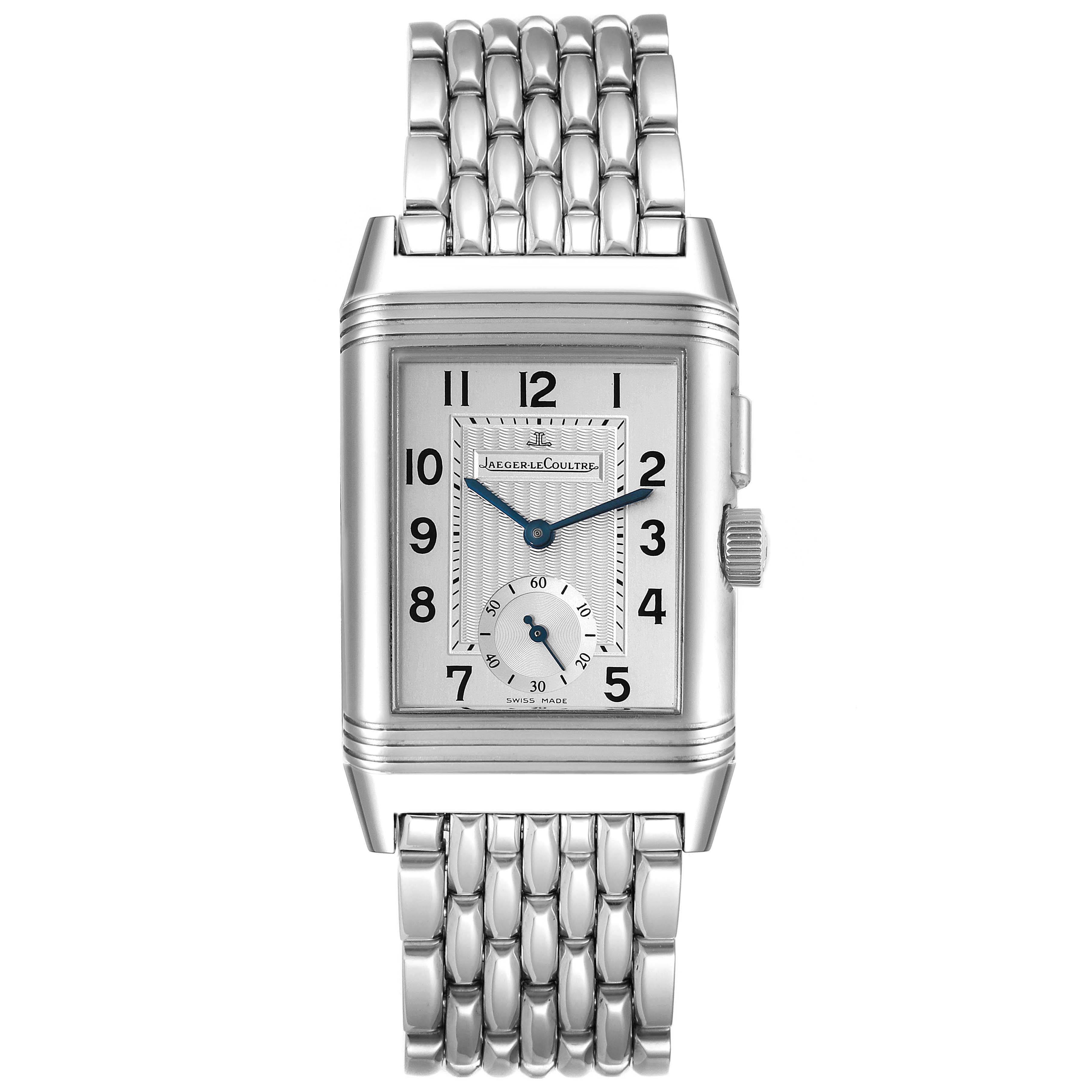 The image shows a frontal view of the Jaeger-LeCoultre Reverso watch, including its rectangular dial, bracelet, and side crown.