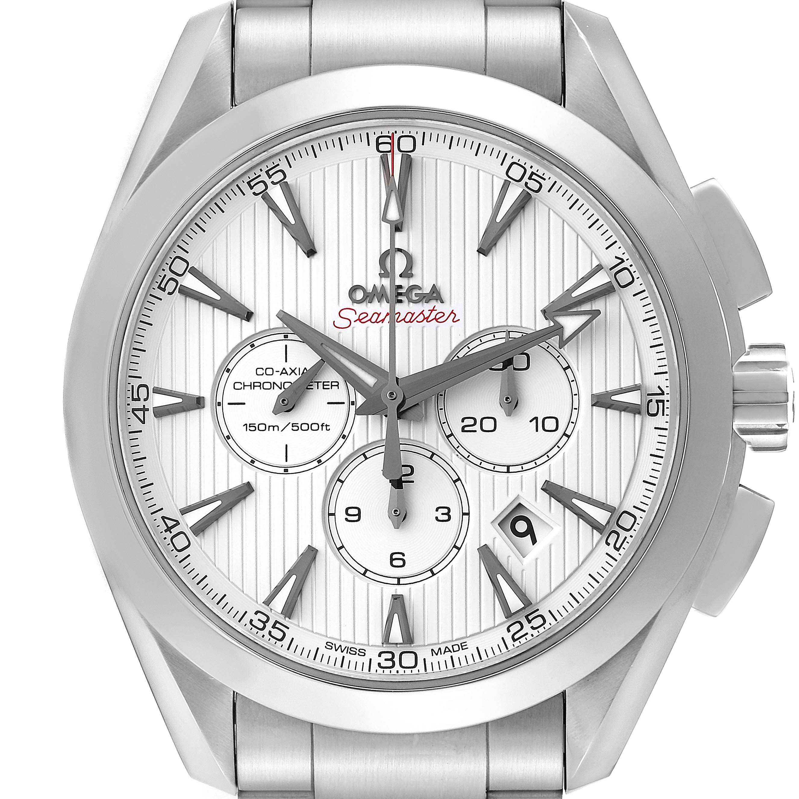 The image shows a front view of the Omega Aqua Terra 231.10.44.50.04.001 Men
s Stainless Steel White Dial 231.10.44.50.04.001 Men
s Stainless Steel White Dial Seamaster with a detailed display of the dial, bezel, and crown.