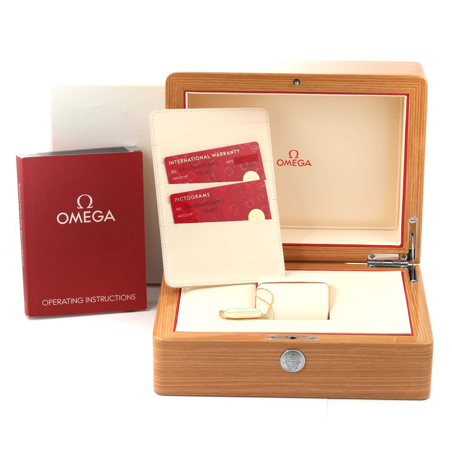 The image shows the Omega Aqua Terra 231.10.44.50.04.001 Men
s Stainless Steel White Dial 231.10.44.50.04.001 Men
s Stainless Steel White Dial model
s wooden box, warranty cards, and operating instructions from a front angle.