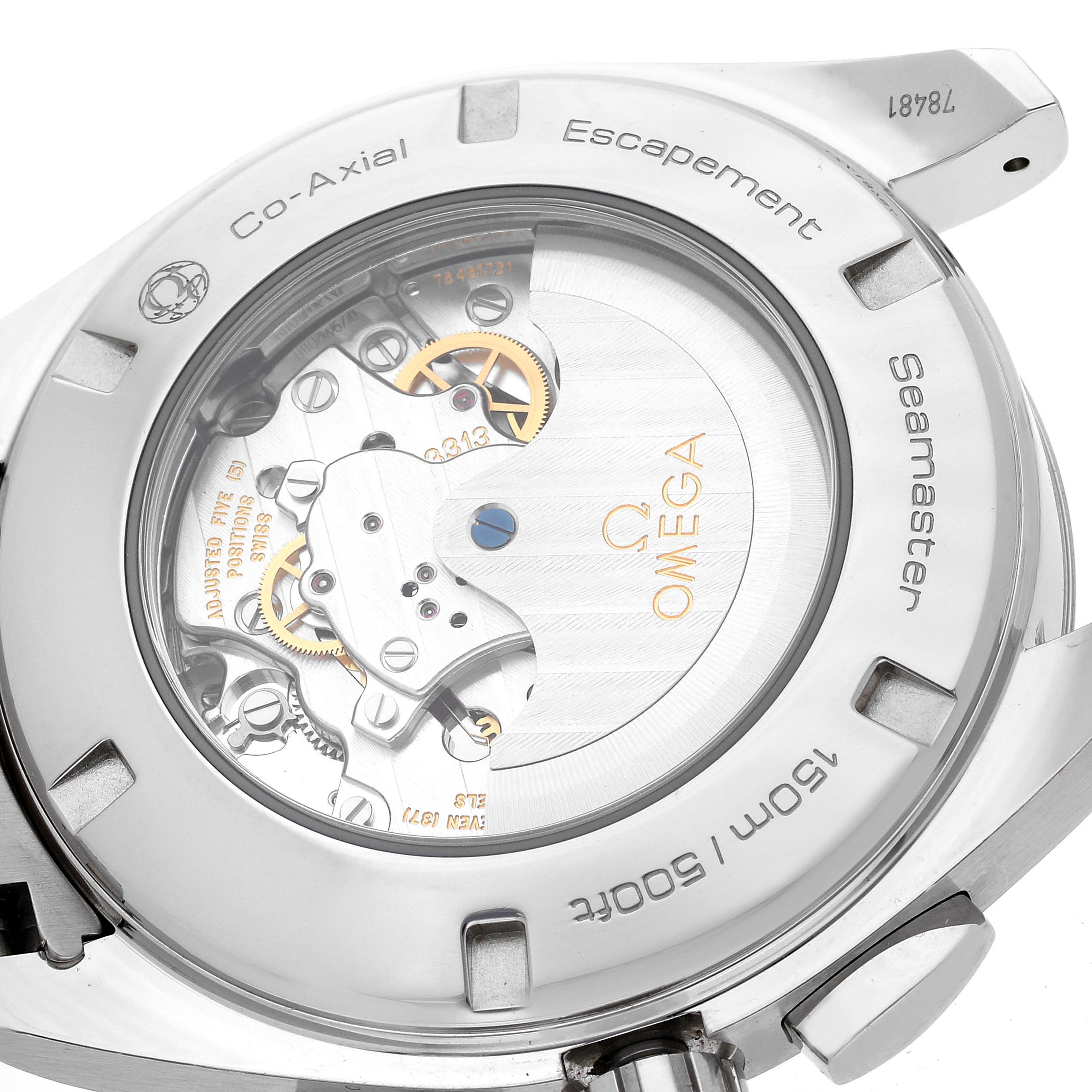 The image shows the back case and movement of the Omega Aqua Terra 231.10.44.50.04.001 Men
s Stainless Steel White Dial 231.10.44.50.04.001 Men
s Stainless Steel White Dial watch, displaying the Co-Axial Escapement mechanism.
