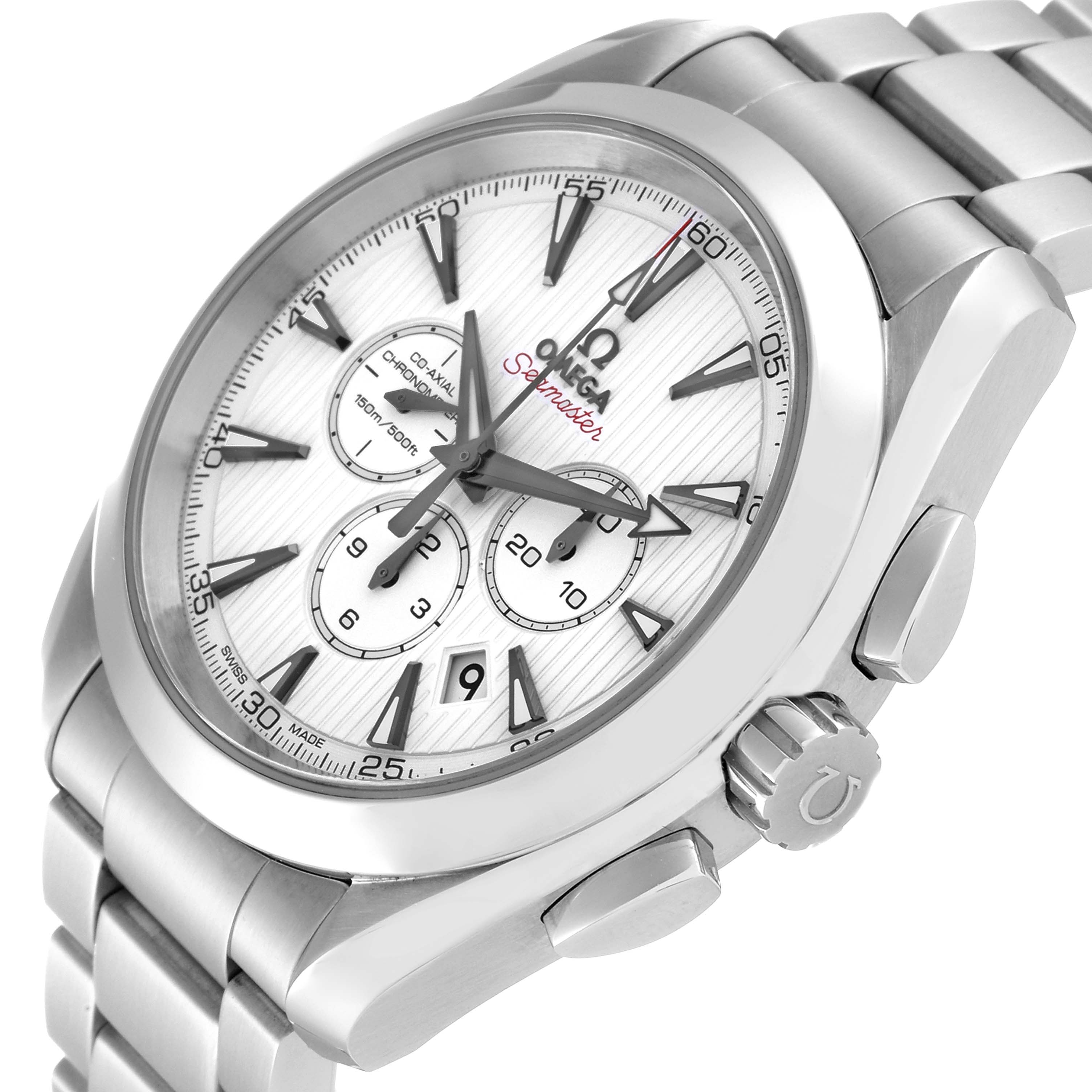 The image shows a close-up angle of the Omega Aqua Terra 231.10.44.50.04.001 Men
s Stainless Steel White Dial 231.10.44.50.04.001 Men
s Stainless Steel White Dial watch, highlighting the face, bezel, crown, and pushers.