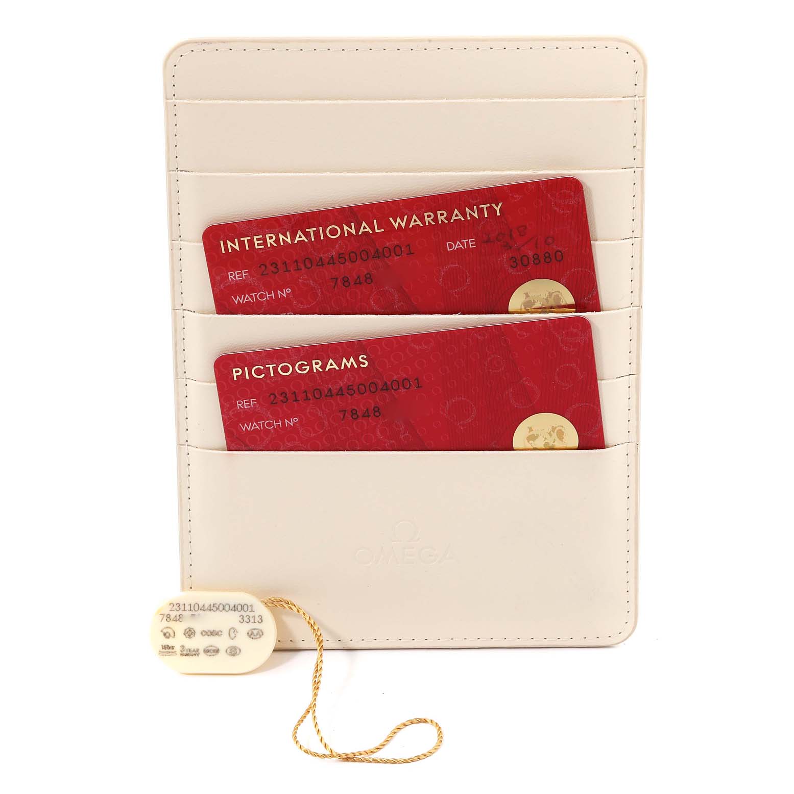 The image shows an Omega Aqua Terra 231.10.44.50.04.001 Men
s Stainless Steel White Dial 231.10.44.50.04.001 Men
s Stainless Steel White Dial model warranty cardholder with international warranty and pictograms cards from a top view.