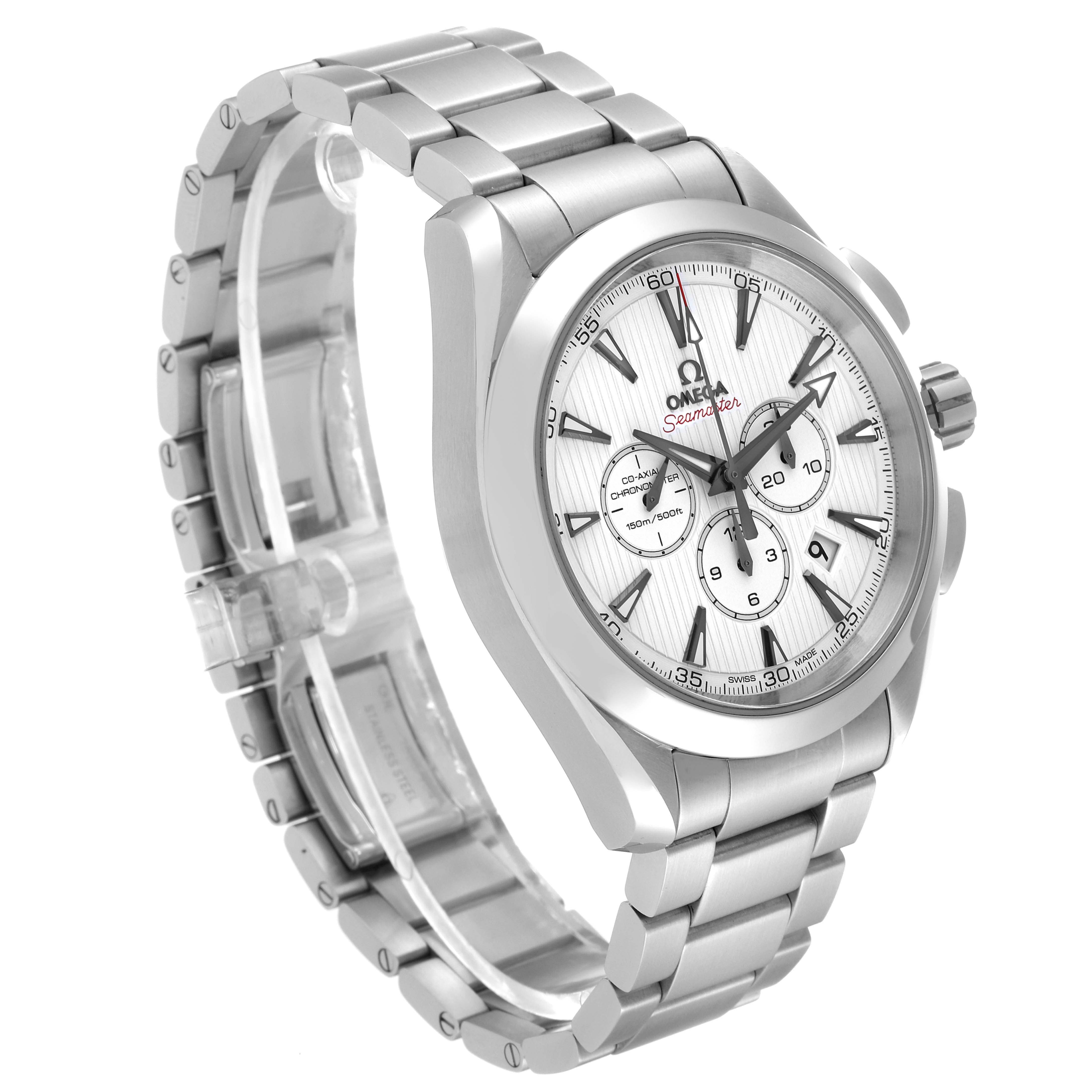 The image shows an Omega Aqua Terra 231.10.44.50.04.001 Men
s Stainless Steel White Dial 231.10.44.50.04.001 Men
s Stainless Steel White Dial watch at a slight angle, highlighting its face, bezel, and bracelet.