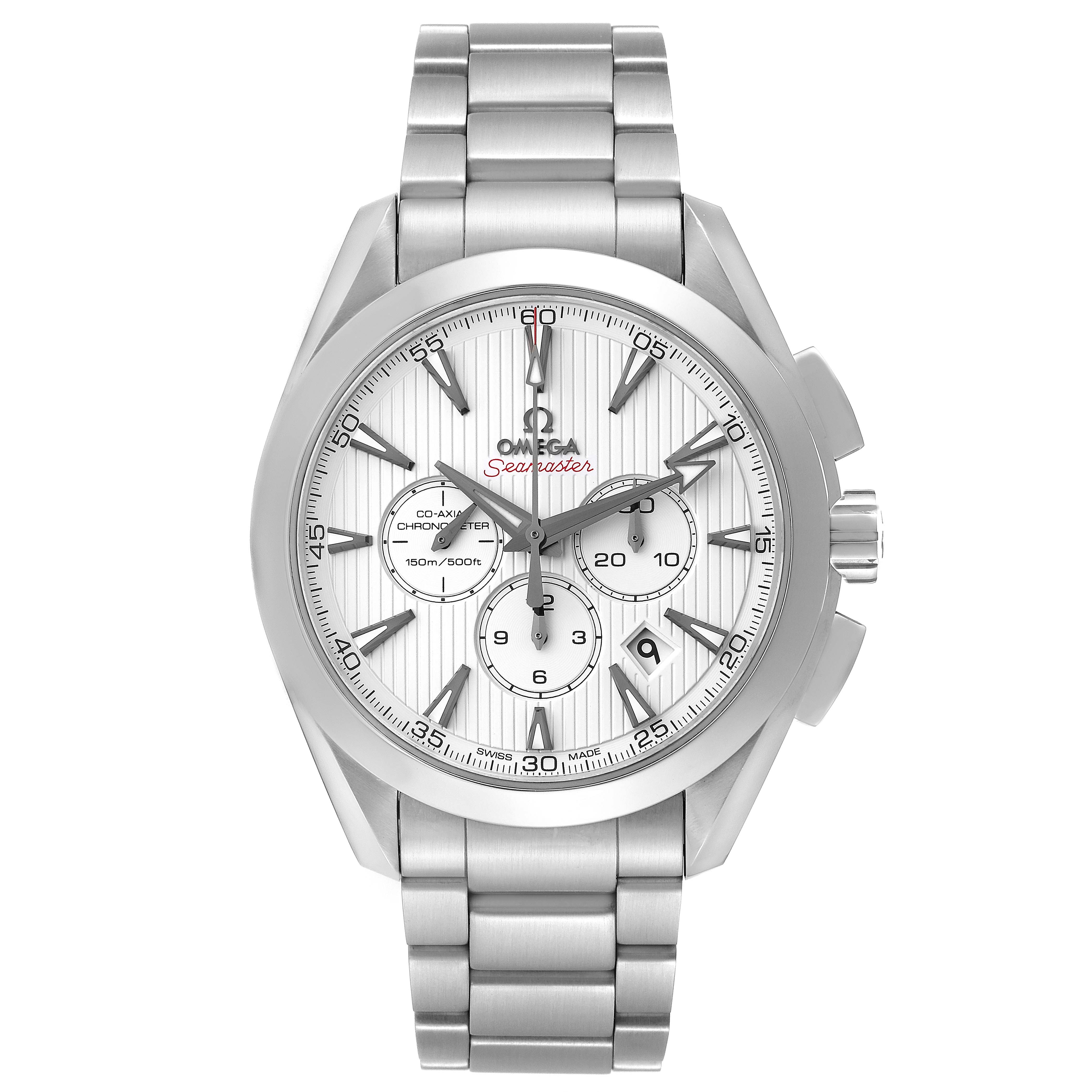 The image shows a front view of the Omega Aqua Terra 231.10.44.50.04.001 Men
s Stainless Steel White Dial 231.10.44.50.04.001 Men
s Stainless Steel White Dial watch, displaying the dial, crown, and metal bracelet.