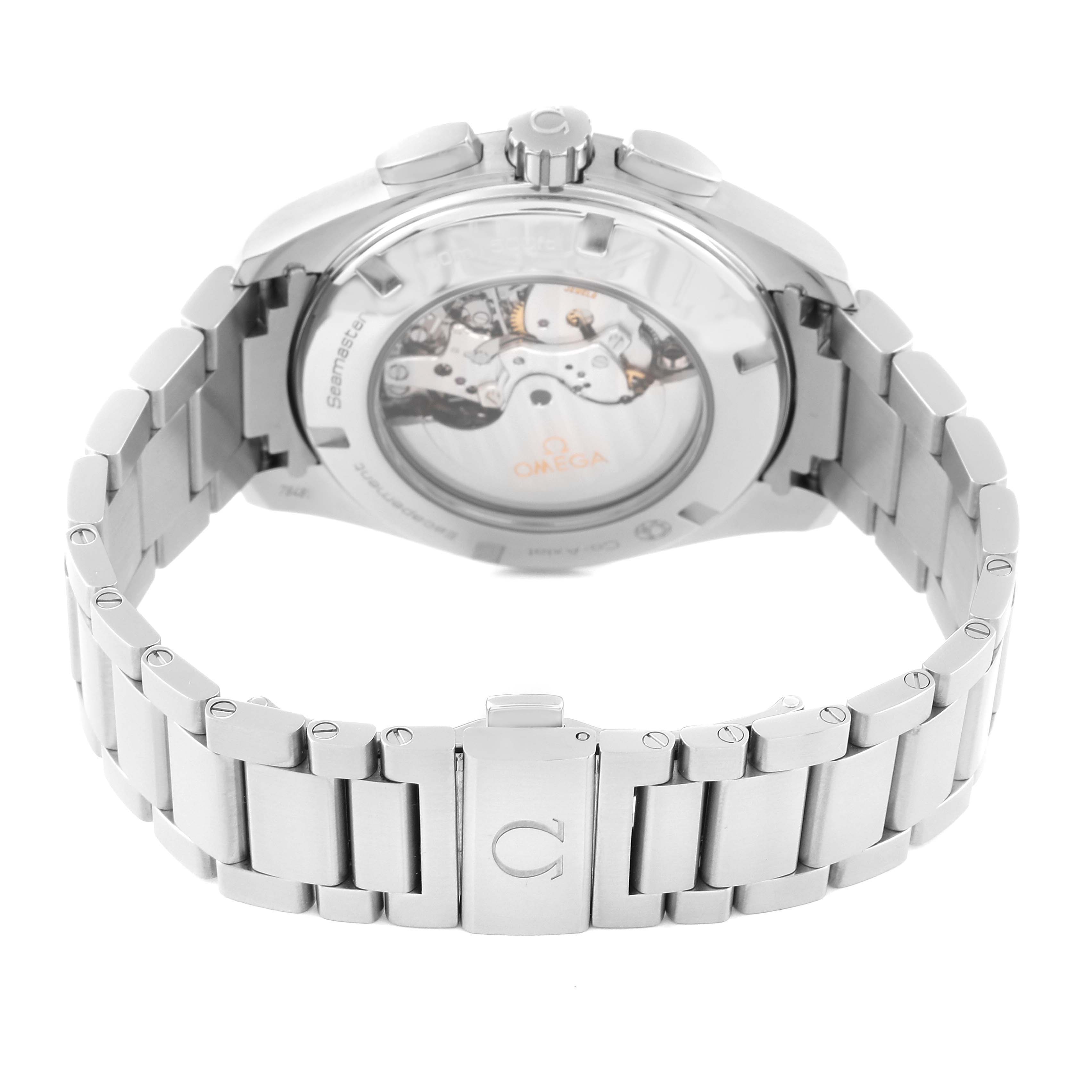 The image shows the back view of the Omega Aqua Terra 231.10.44.50.04.001 Men
s Stainless Steel White Dial 231.10.44.50.04.001 Men
s Stainless Steel White Dial watch, focusing on the case back and stainless steel bracelet.