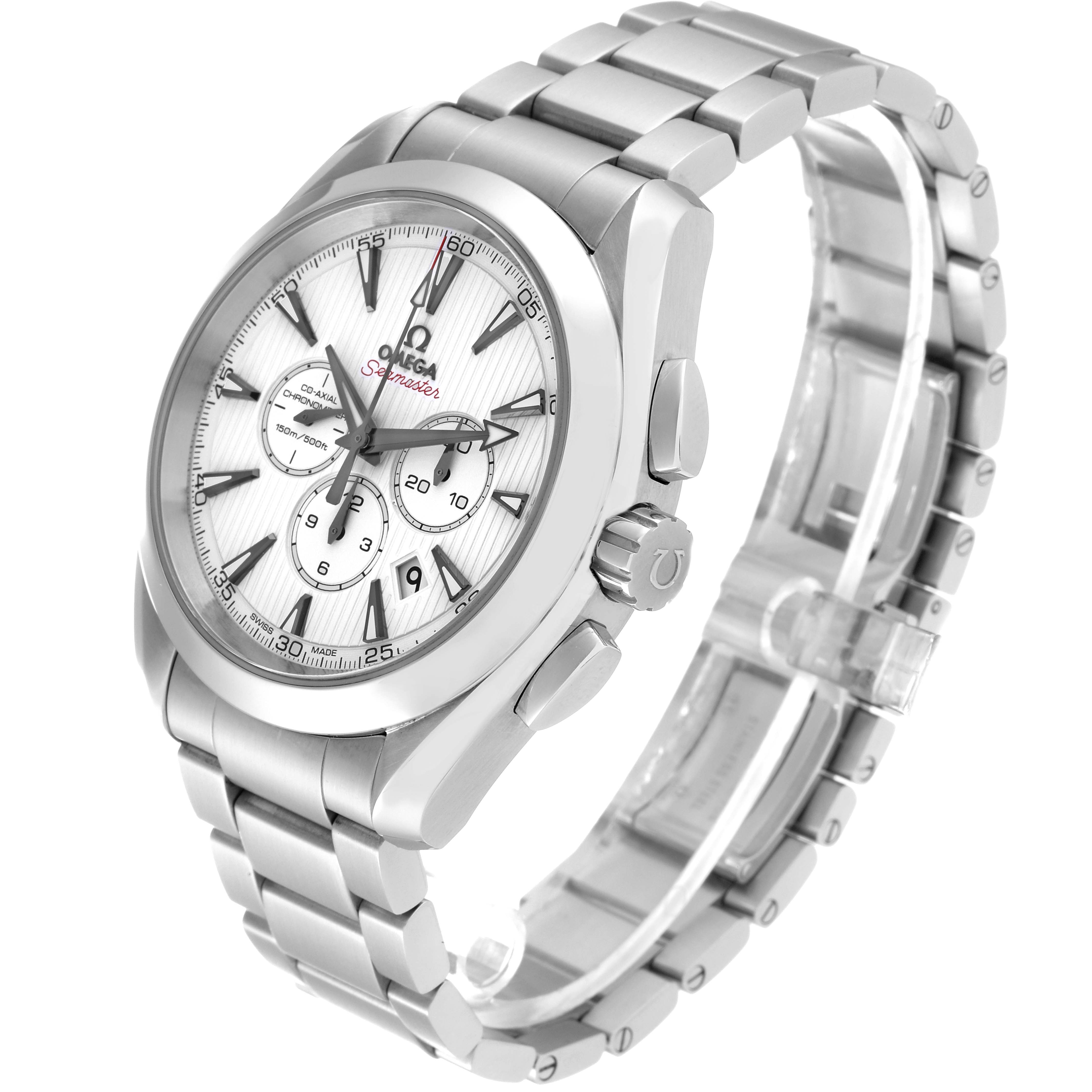 The Omega Aqua Terra 231.10.44.50.04.001 Men
s Stainless Steel White Dial 231.10.44.50.04.001 Men
s Stainless Steel White Dial watch is shown at a three-quarter angle, highlighting the face, bezel, bracelet, and crown.