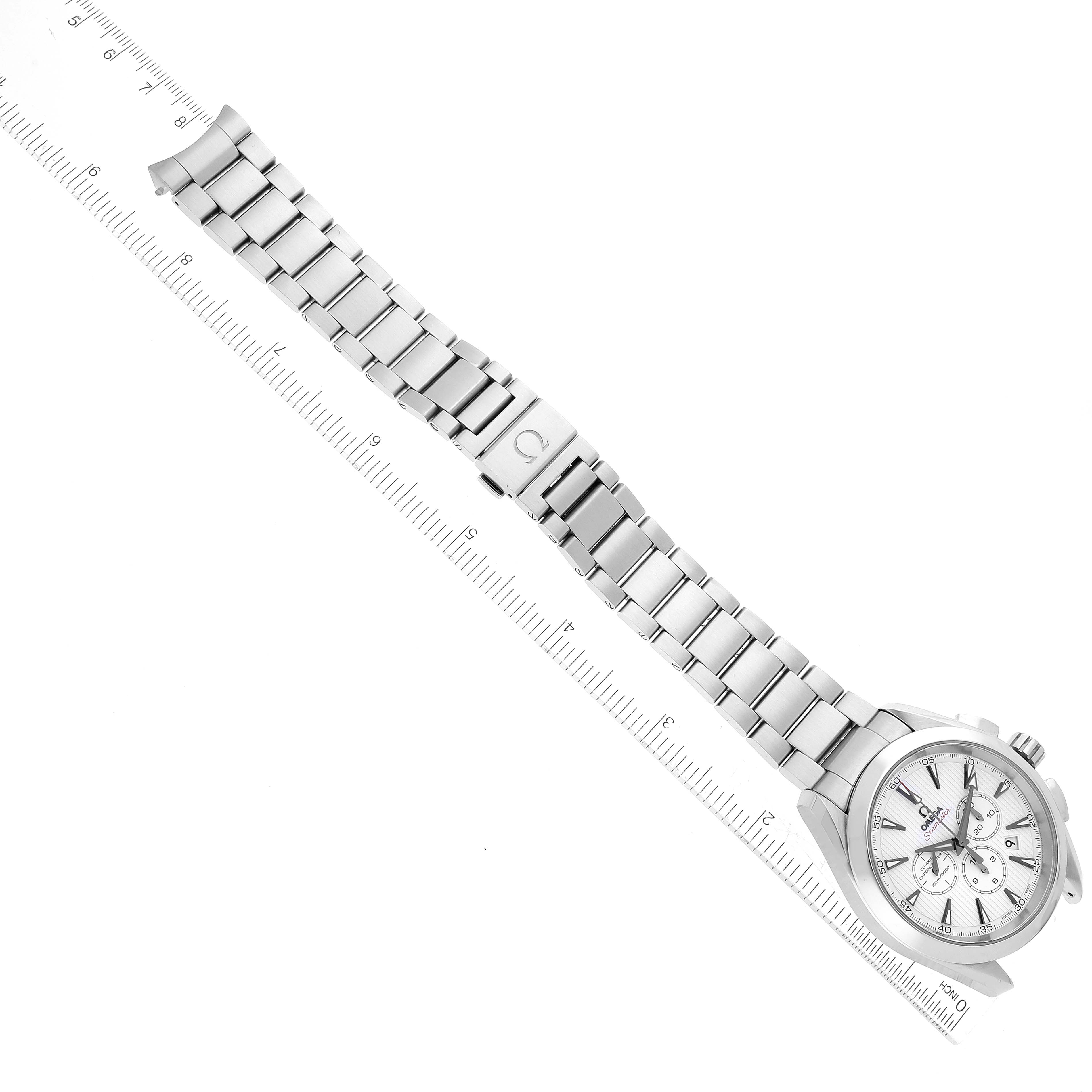 The image shows an overhead view of the Omega Aqua Terra 231.10.44.50.04.001 Men
s Stainless Steel White Dial 231.10.44.50.04.001 Men
s Stainless Steel White Dial watch, displaying its face, bracelet, and clasp.