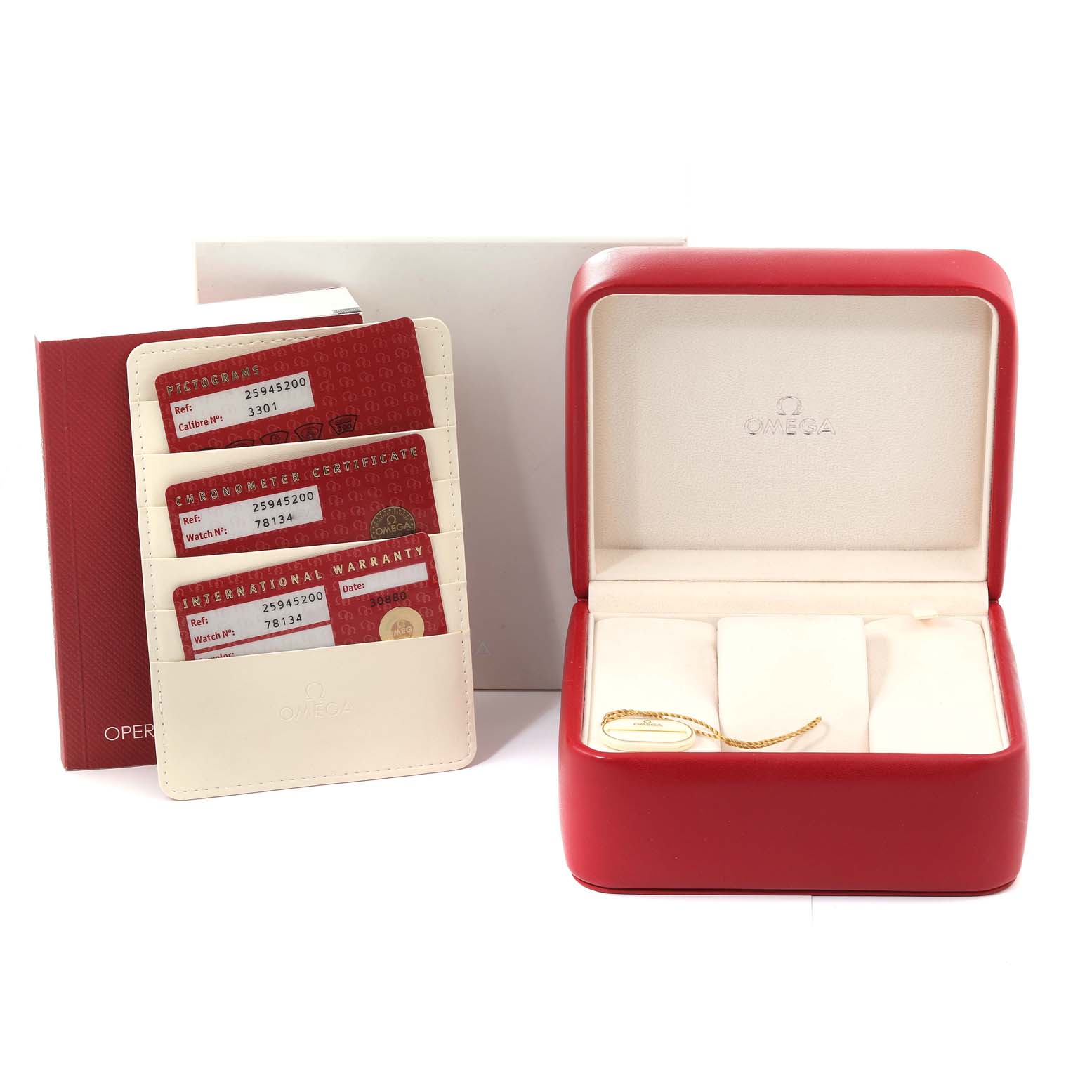 This image shows the packaging and documentation for the Omega Seamaster 2594.52.00 Men
s Stainless Steel Black Dial 2594.52.00 Men
s Stainless Steel Black Dial, including its box, warranty cards, and certificate.