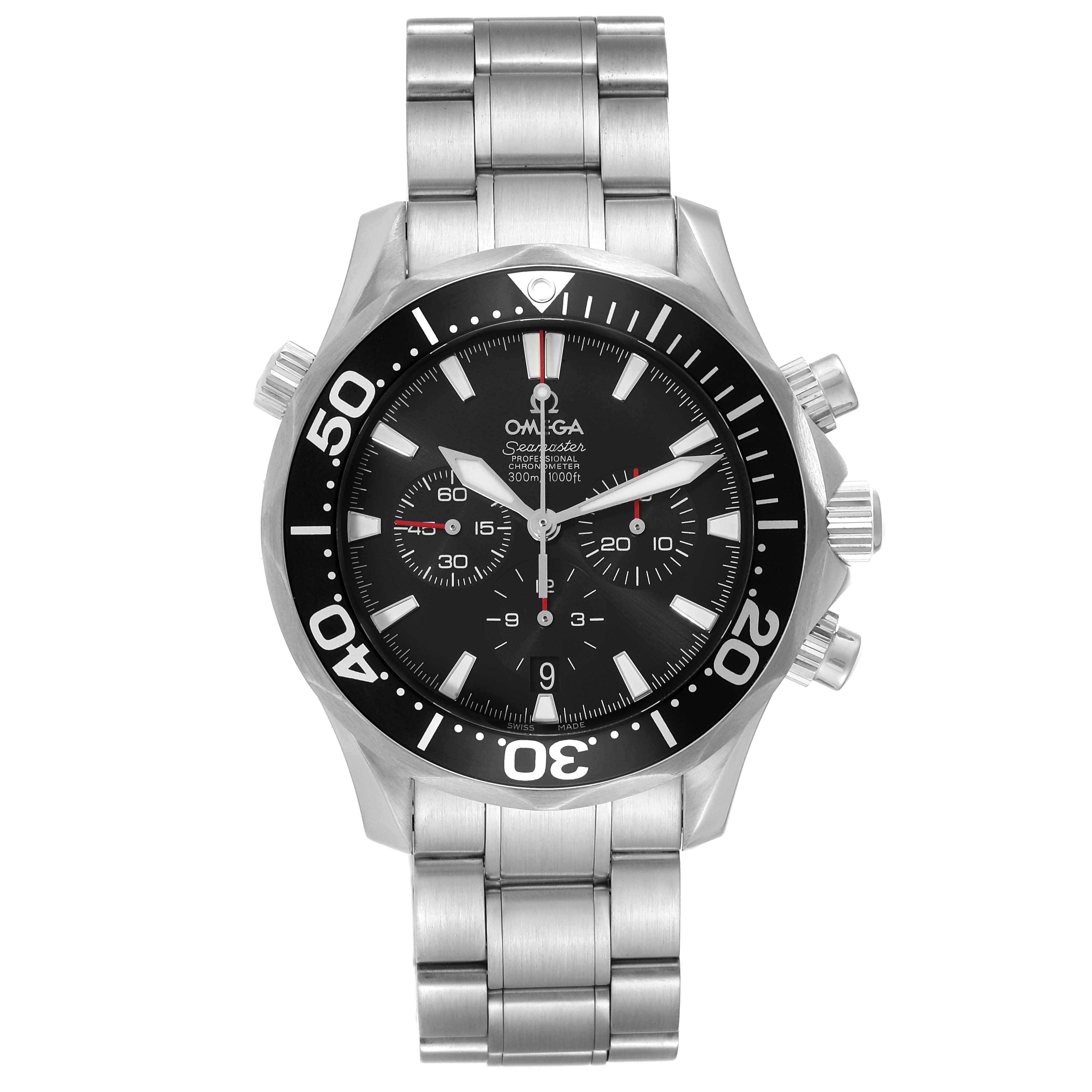 The image shows a front view of an Omega Seamaster 2594.52.00 Men
s Stainless Steel Black Dial 2594.52.00 Men
s Stainless Steel Black Dial watch with a stainless steel bracelet and multiple dials.