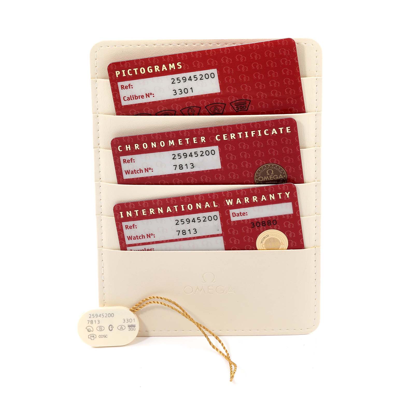 The image shows warranty cards and documentation for the Omega Seamaster 2594.52.00 Men
s Stainless Steel Black Dial 2594.52.00 Men
s Stainless Steel Black Dial model in a white cardholder.