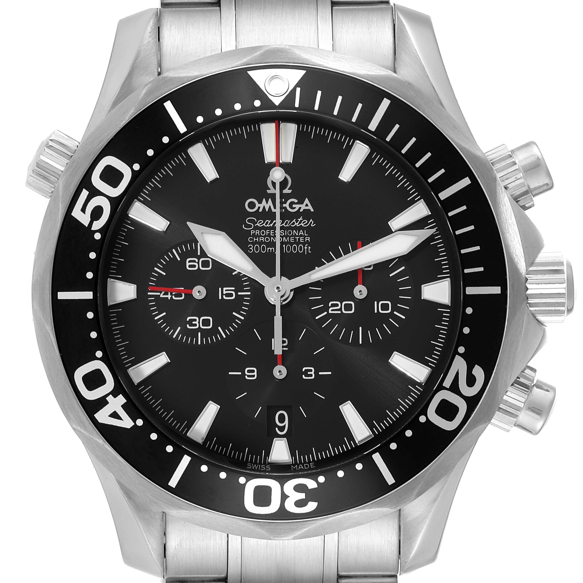 The Omega Seamaster 2594.52.00 Men
s Stainless Steel Black Dial 2594.52.00 Men
s Stainless Steel Black Dial watch is shown from the front, displaying its dial, bezel, and chronograph subdials.