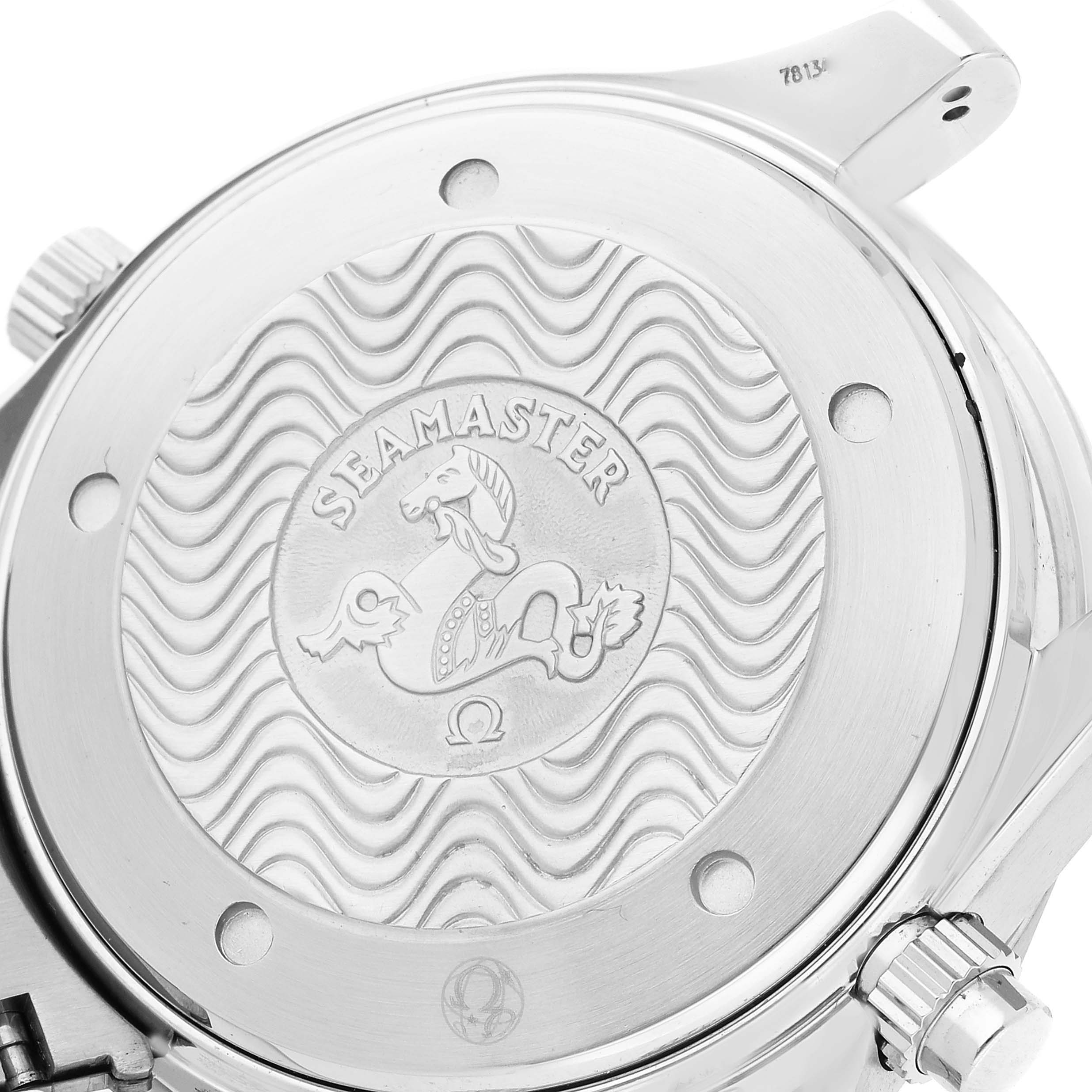 This image shows the case back of an Omega Seamaster 2594.52.00 Men
s Stainless Steel Black Dial 2594.52.00 Men
s Stainless Steel Black Dial watch, featuring its engraved design.