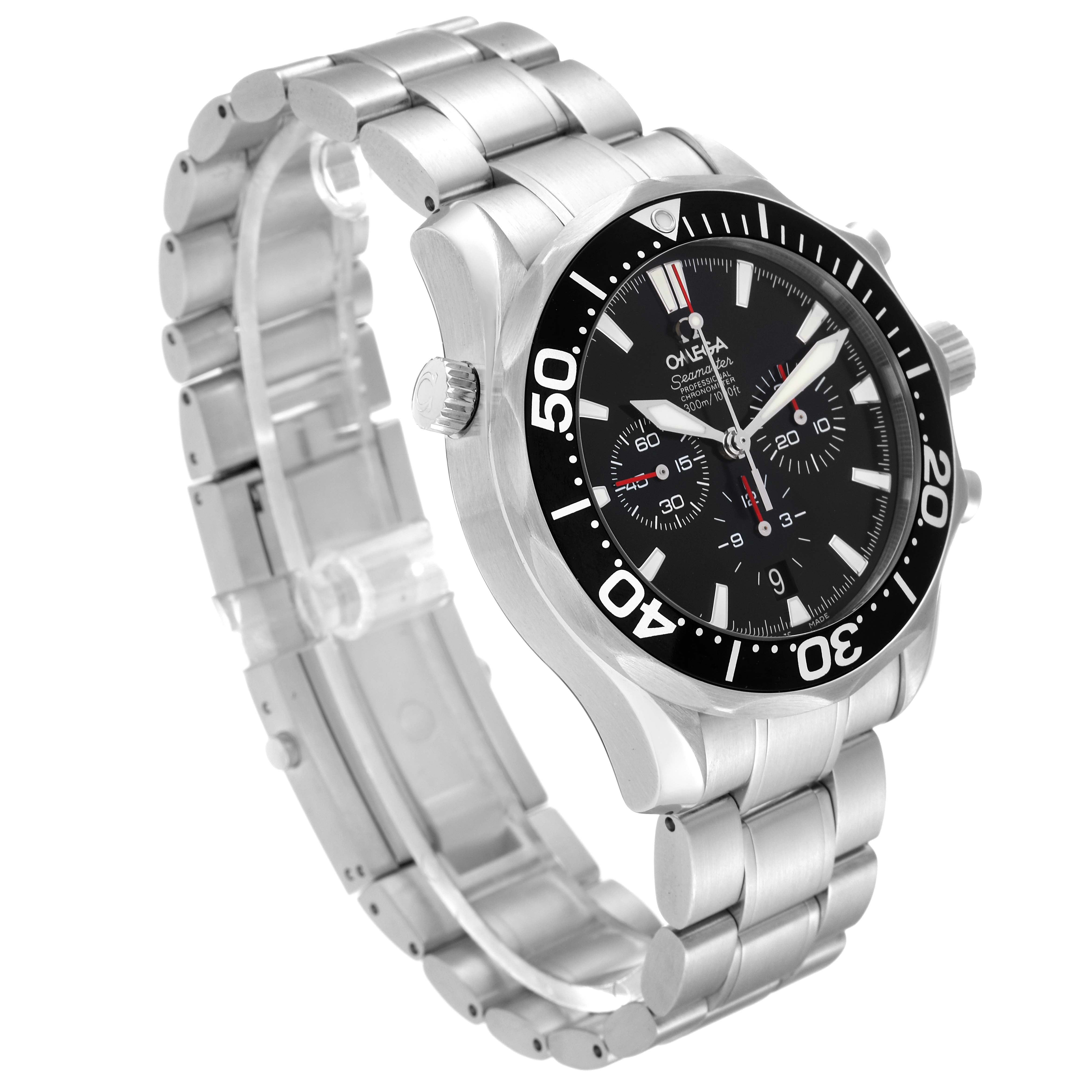 The Omega Seamaster 2594.52.00 Men
s Stainless Steel Black Dial 2594.52.00 Men
s Stainless Steel Black Dial watch is shown at a three-quarter angle, highlighting the stainless steel bracelet, bezel, and chronograph dial.