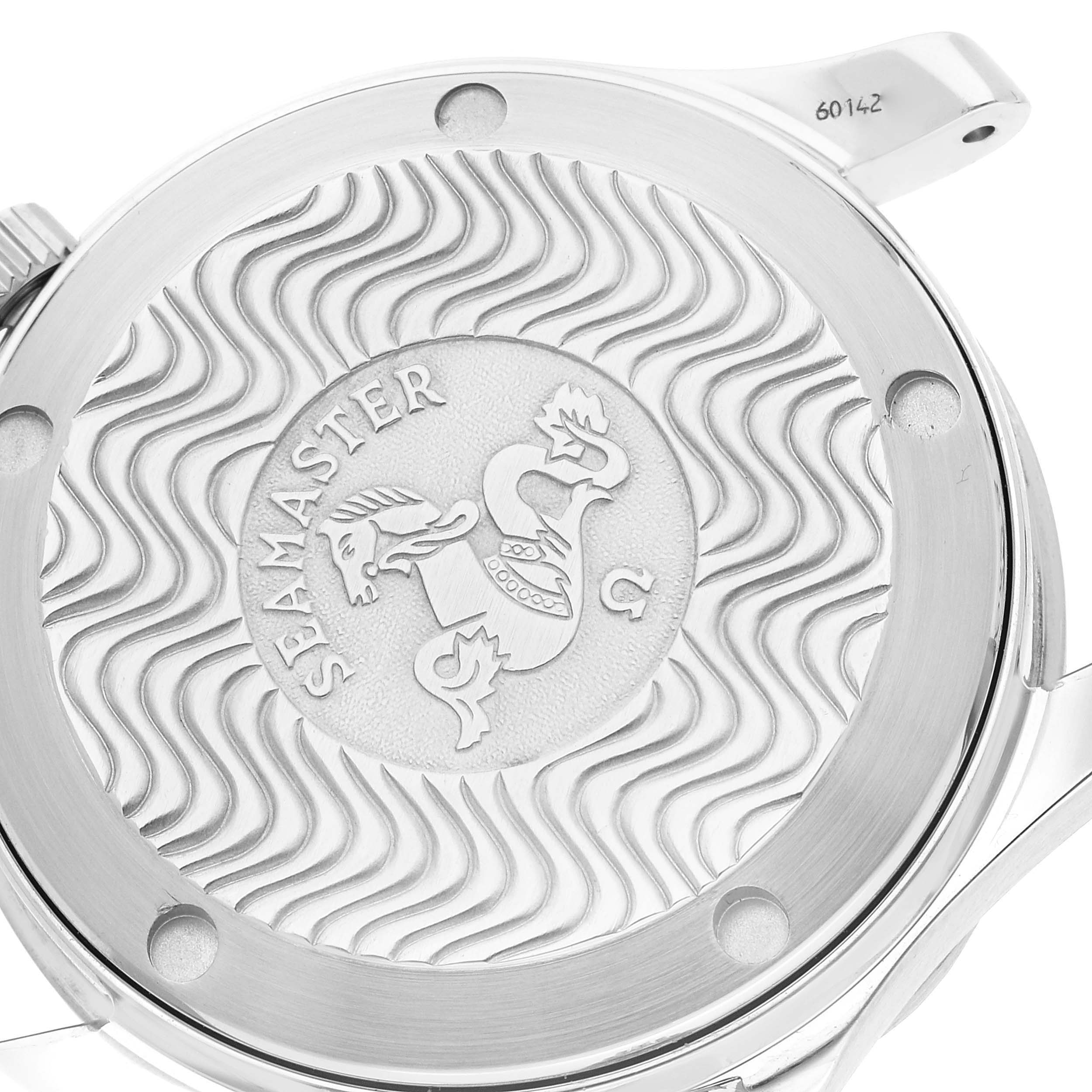 The image shows the case back of the Omega Seamaster 2551.80.00 Men
s Stainless Steel Blue Dial 2551.80.00 Men
s Stainless Steel Blue Dial watch, featuring the engraved Seamaster logo.