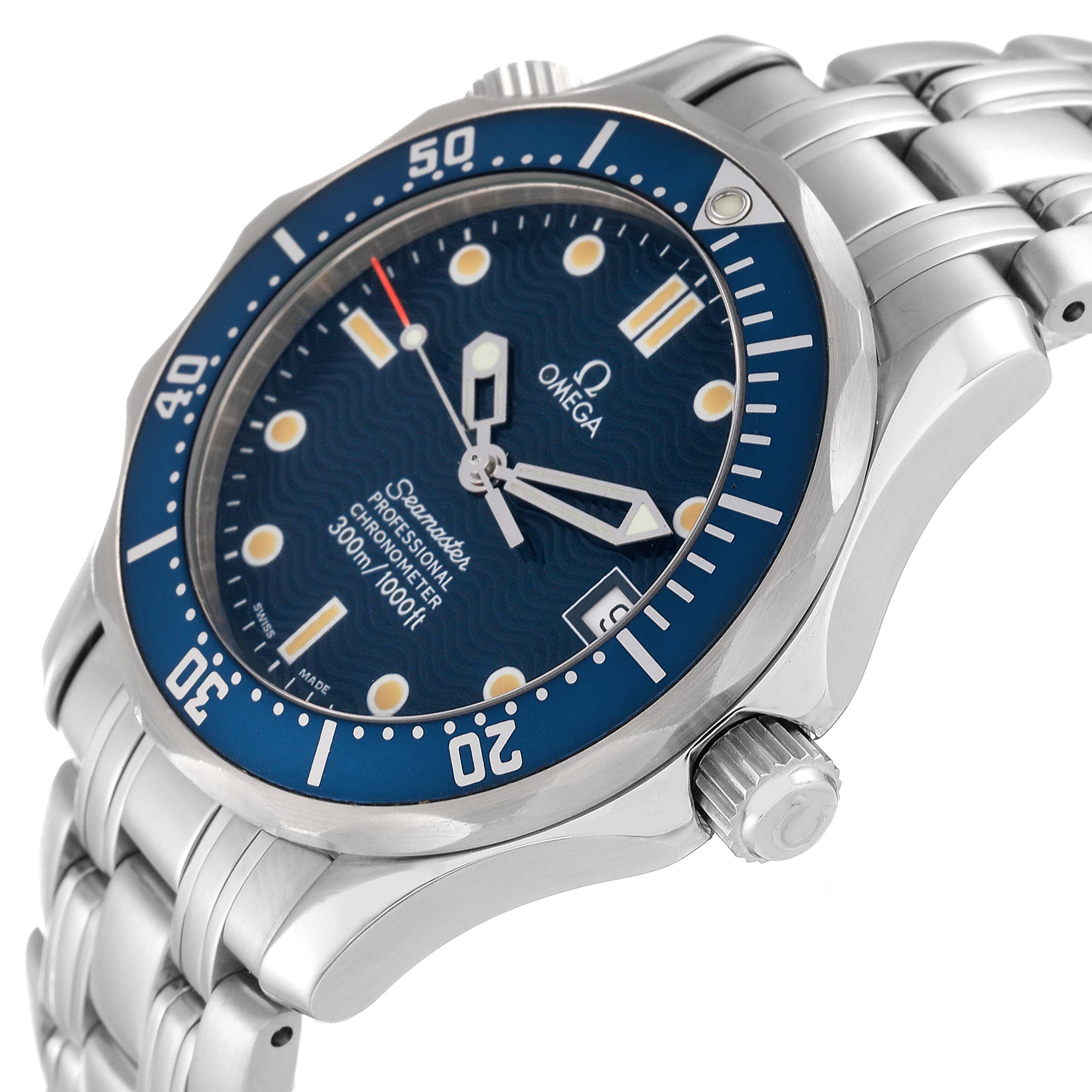 The Omega Seamaster 2551.80.00 Men
s Stainless Steel Blue Dial 2551.80.00 Men
s Stainless Steel Blue Dial watch is shown at an angled close-up, highlighting its blue dial, bezel, crown, and part of its stainless-steel bracelet.