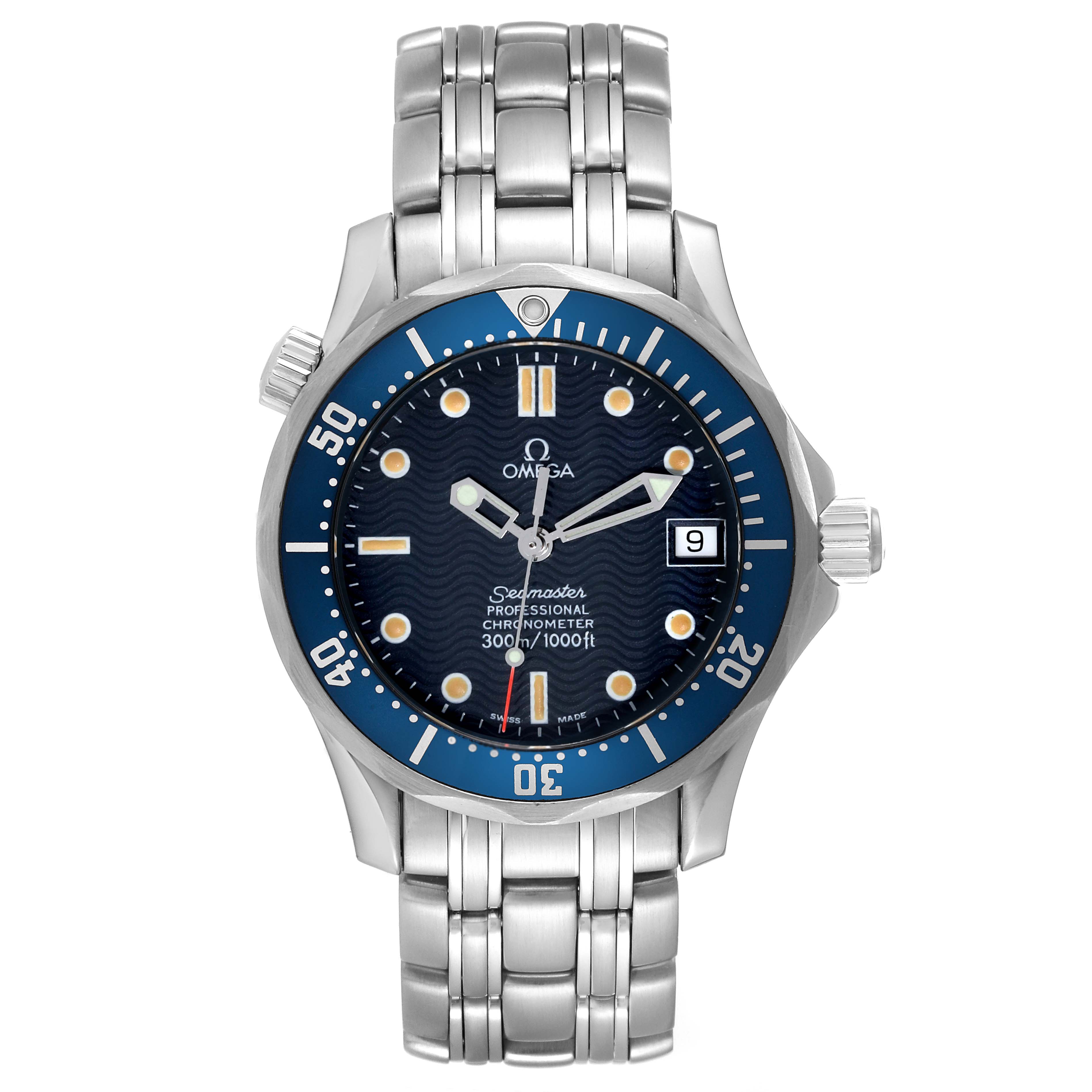 The Omega Seamaster 2551.80.00 Men
s Stainless Steel Blue Dial 2551.80.00 Men
s Stainless Steel Blue Dial watch is shown from the front angle, displaying its dial, bezel, hands, date window, and bracelet.