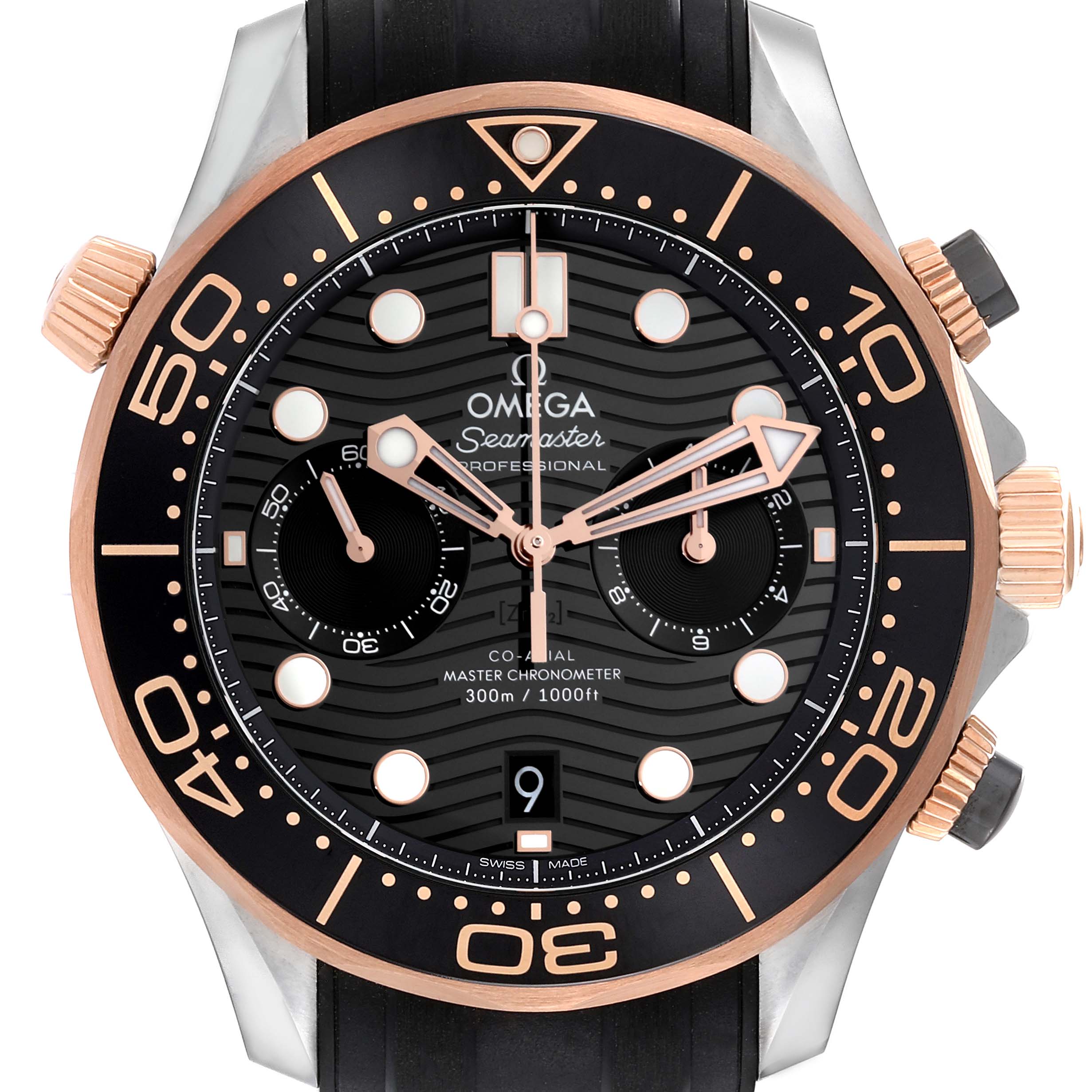 This image shows a front view of the Omega Seamaster 210.22.44.51.01.001 Men's Steel and Gold (two tone) Black Dial 210.22.44.51.01.001 Men's Steel and Gold (two tone) Black Dial watch, highlighting the dial, bezel, and chronograph subdials.