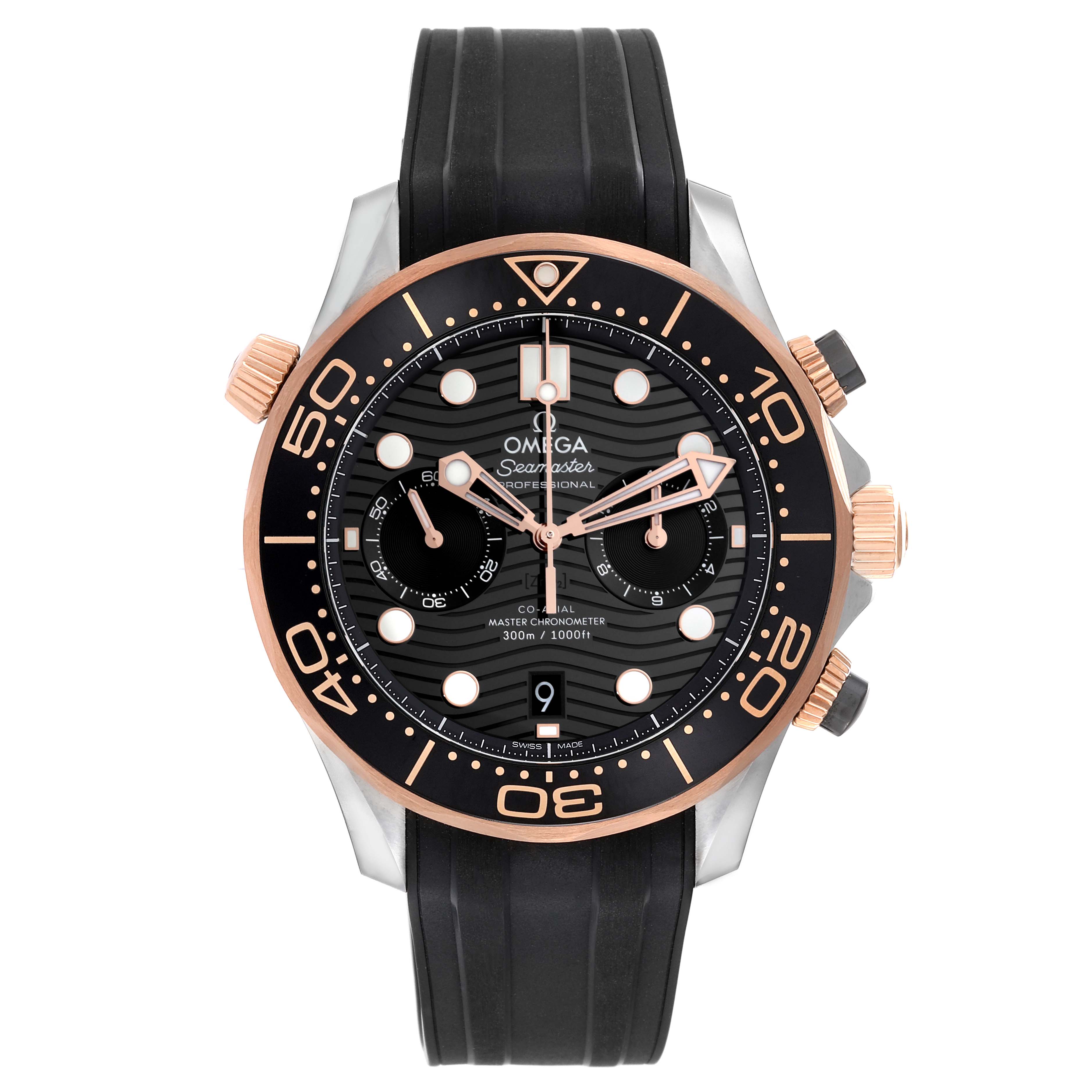 The image shows a front view of the Omega Seamaster 210.22.44.51.01.001 Men's Steel and Gold (two tone) Black Dial 210.22.44.51.01.001 Men's Steel and Gold (two tone) Black Dial watch, highlighting its dial, bezel, pushers, and rubber strap.