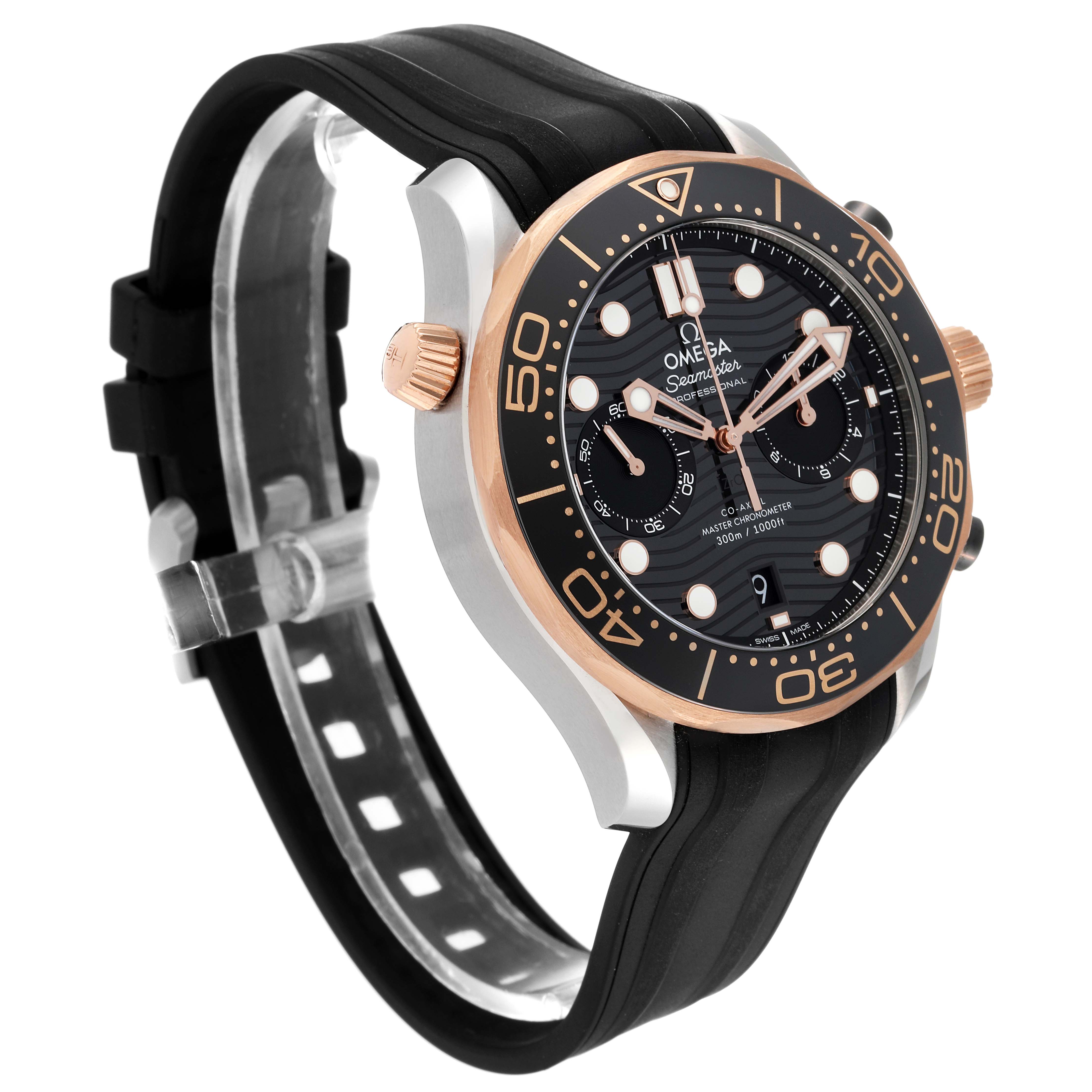 The image shows a side/front angle of an Omega Seamaster 210.22.44.51.01.001 Men's Steel and Gold (two tone) Black Dial 210.22.44.51.01.001 Men's Steel and Gold (two tone) Black Dial watch with a black strap and gold-tone bezel.