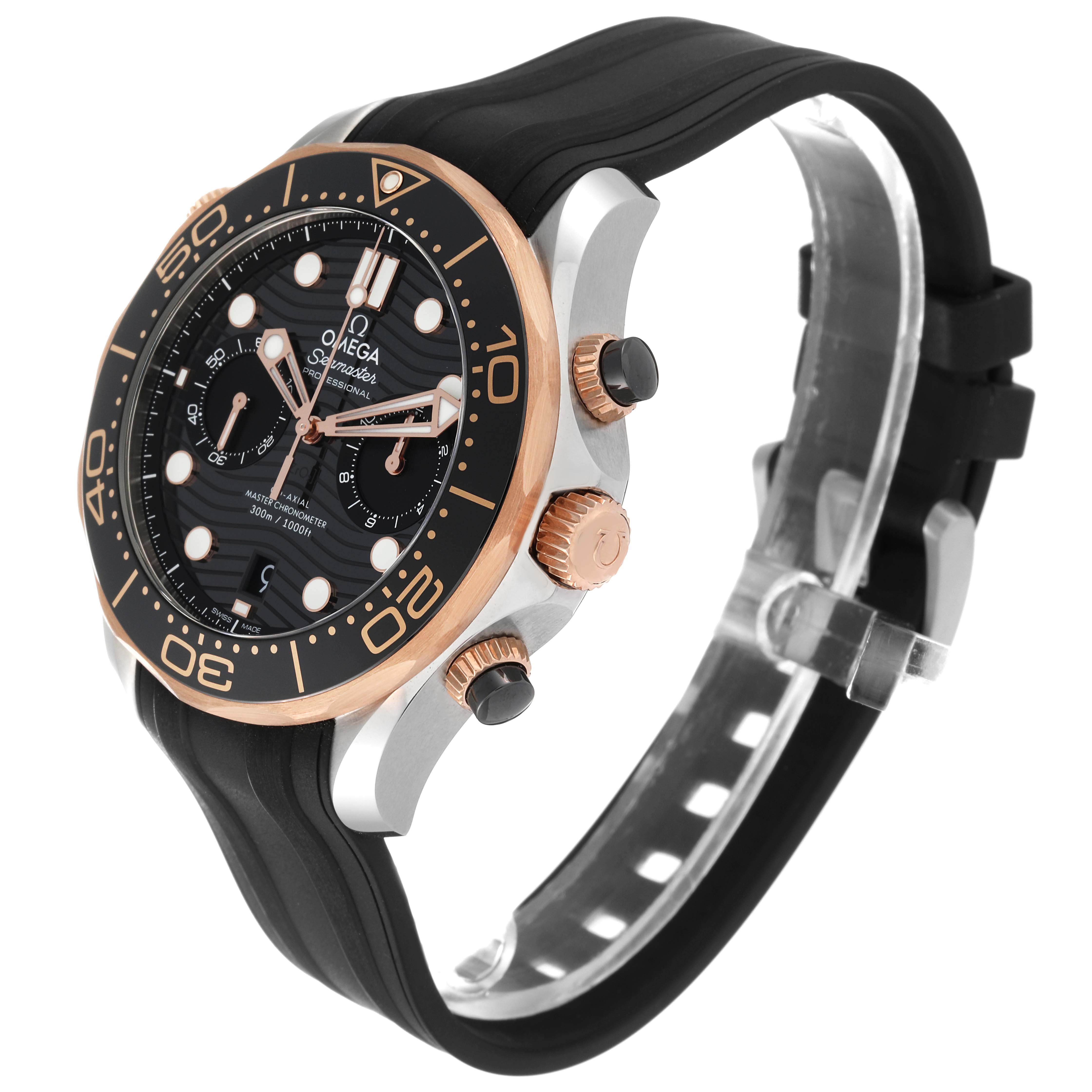 The Omega Seamaster 210.22.44.51.01.001 Men's Steel and Gold (two tone) Black Dial 210.22.44.51.01.001 Men's Steel and Gold (two tone) Black Dial watch is shown from an angled side view, highlighting its buttons, bezel, and rubber strap.