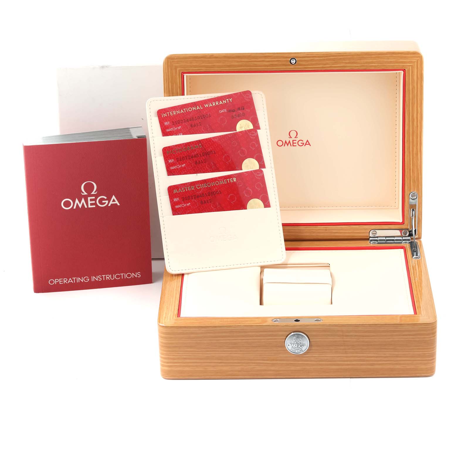 This image shows an Omega Seamaster 210.22.44.51.01.001 Men's Steel and Gold (two tone) Black Dial 210.22.44.51.01.001 Men's Steel and Gold (two tone) Black Dial model's packaging, including the operating instructions, warranty cards, and the open watch box.