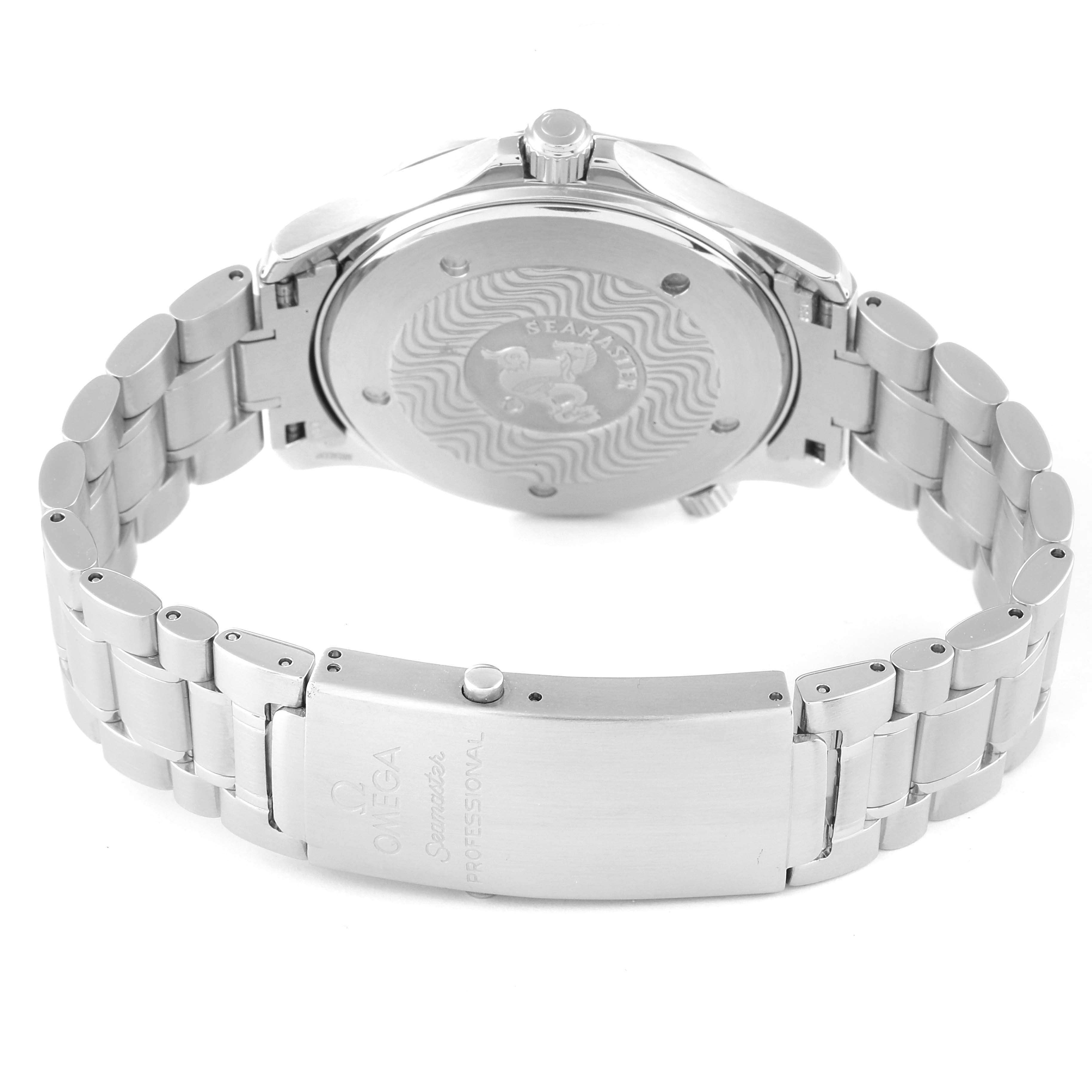 The image shows the back case and bracelet of an Omega Seamaster 2265.80.00 Men's Stainless Steel Blue Dial 2265.80.00 Men's Stainless Steel Blue Dial watch, highlighting the clasp and engraved case back.