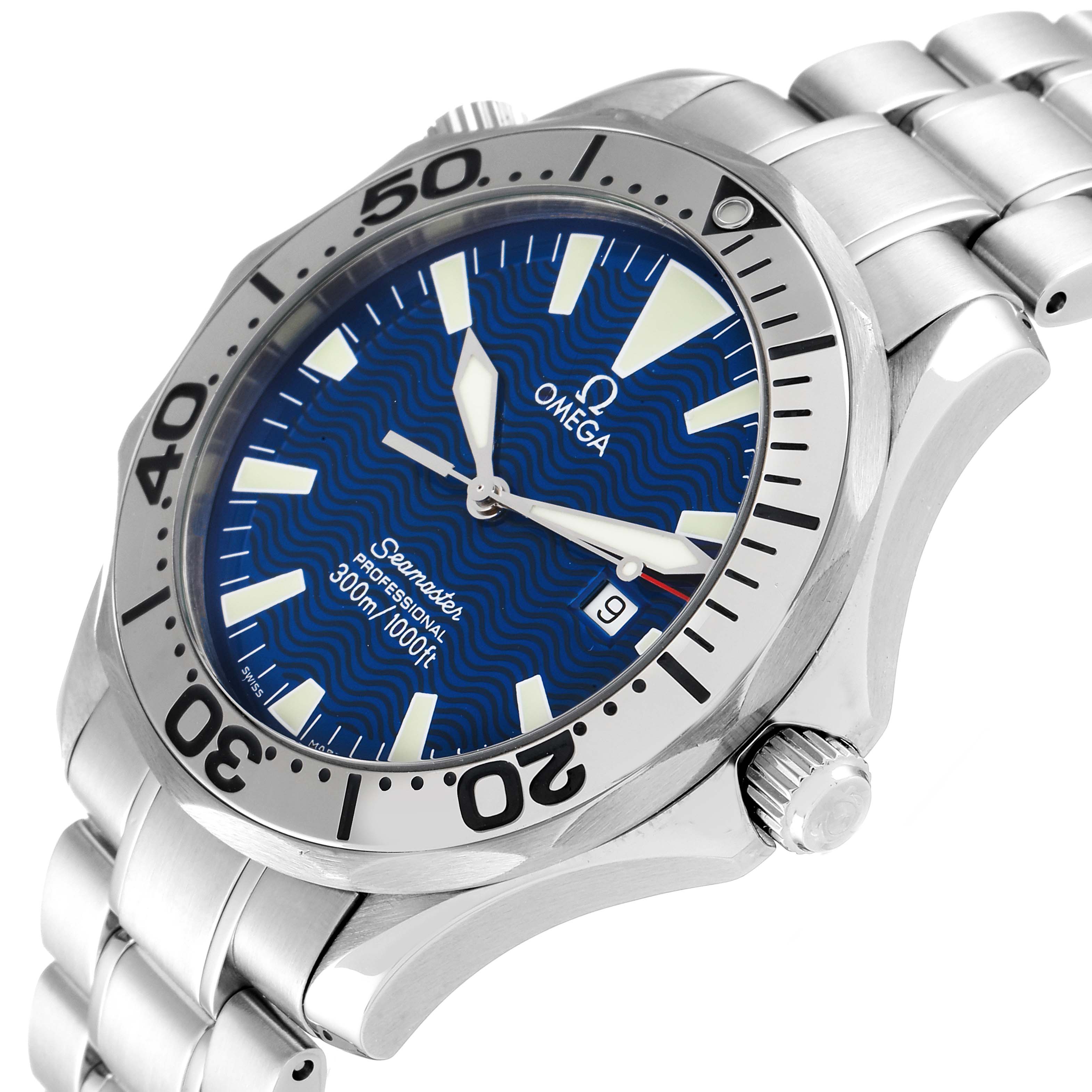 The Omega Seamaster 2265.80.00 Men's Stainless Steel Blue Dial 2265.80.00 Men's Stainless Steel Blue Dial watch is angled to show the face, bezel, crown, and part of the bracelet.