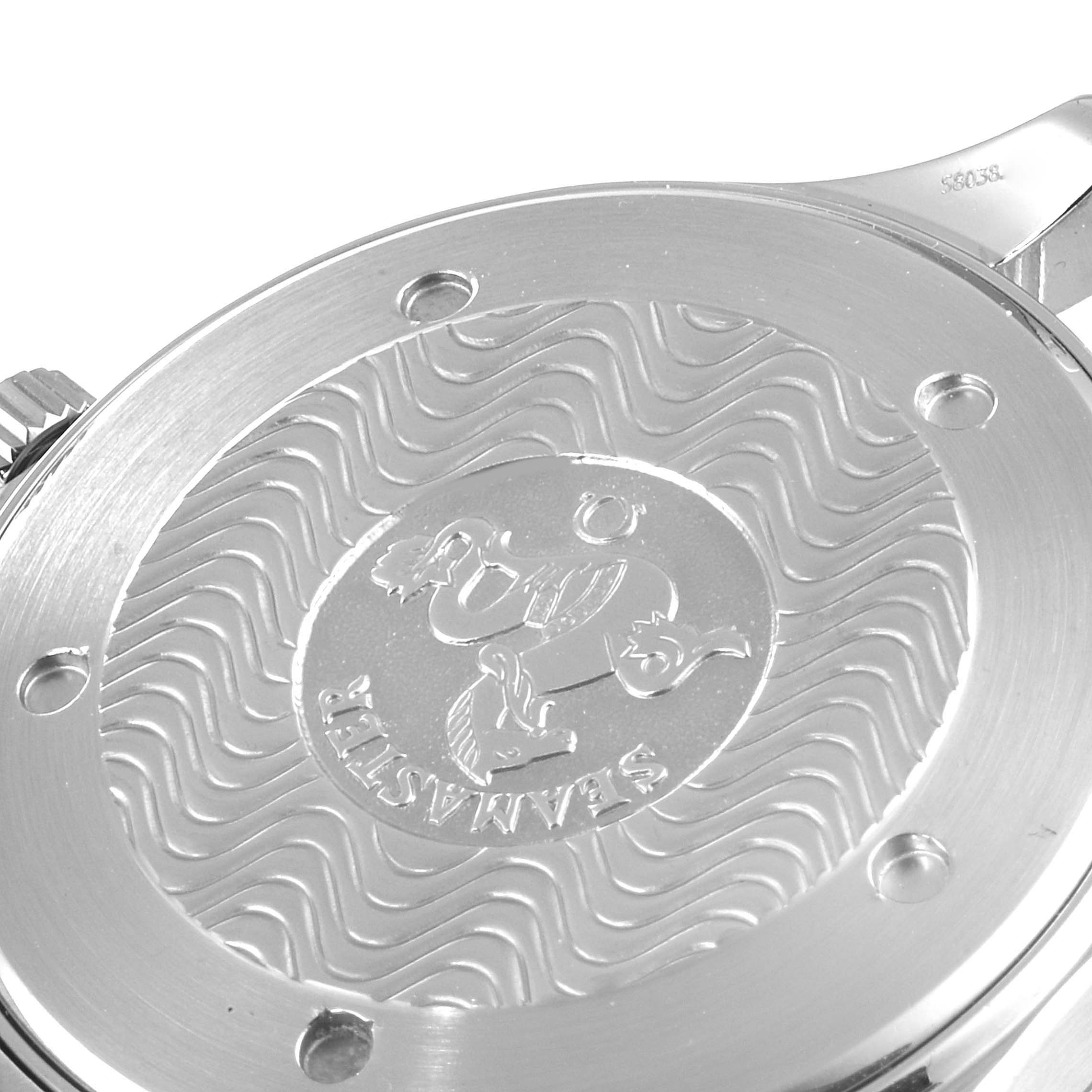 The image shows the backside of an Omega Seamaster 2265.80.00 Men's Stainless Steel Blue Dial 2265.80.00 Men's Stainless Steel Blue Dial watch with the engraved logo and wave pattern.