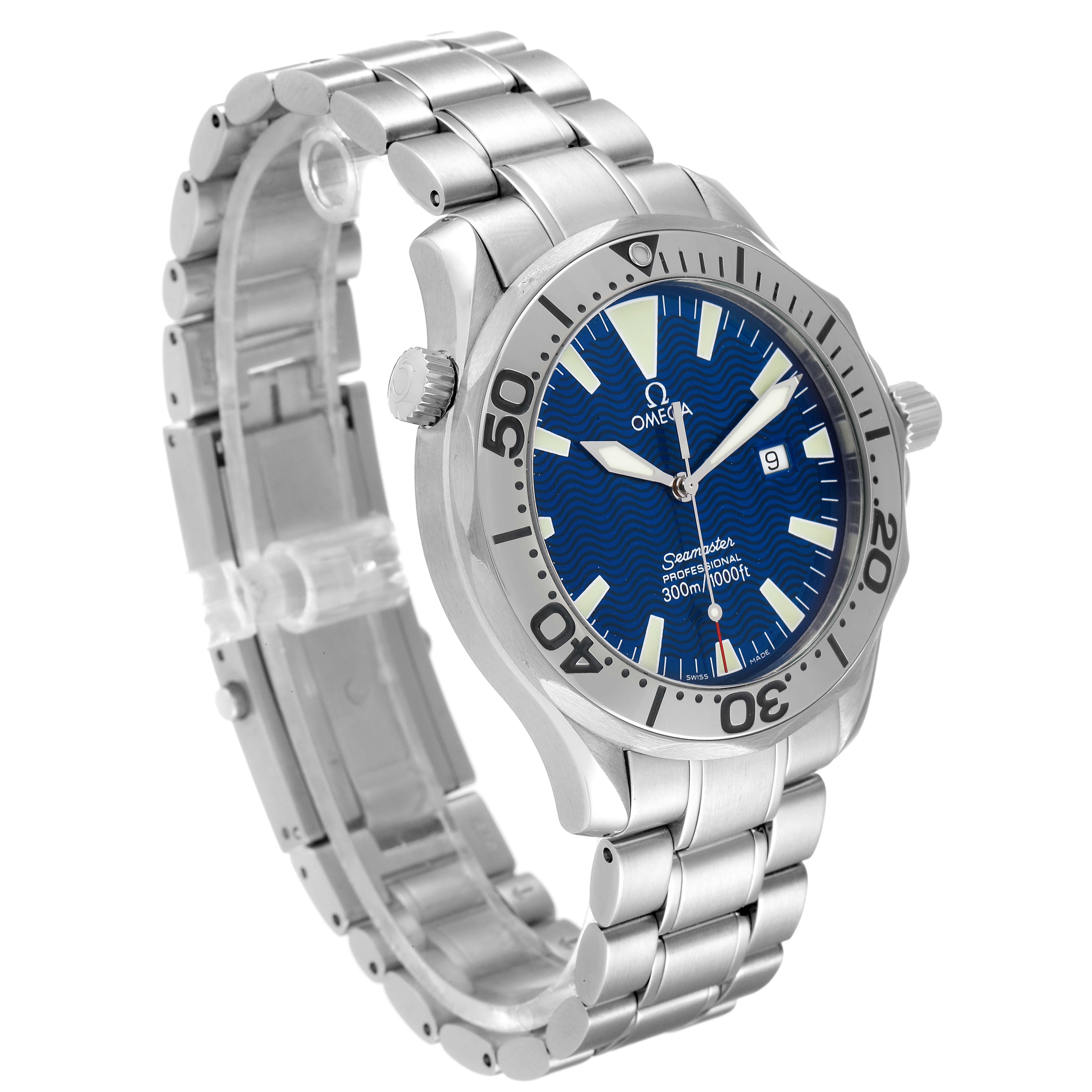 The Omega Seamaster 2265.80.00 Men's Stainless Steel Blue Dial 2265.80.00 Men's Stainless Steel Blue Dial watch is depicted at a three-quarter angle, showing its face, bezel, crown, and stainless steel bracelet.