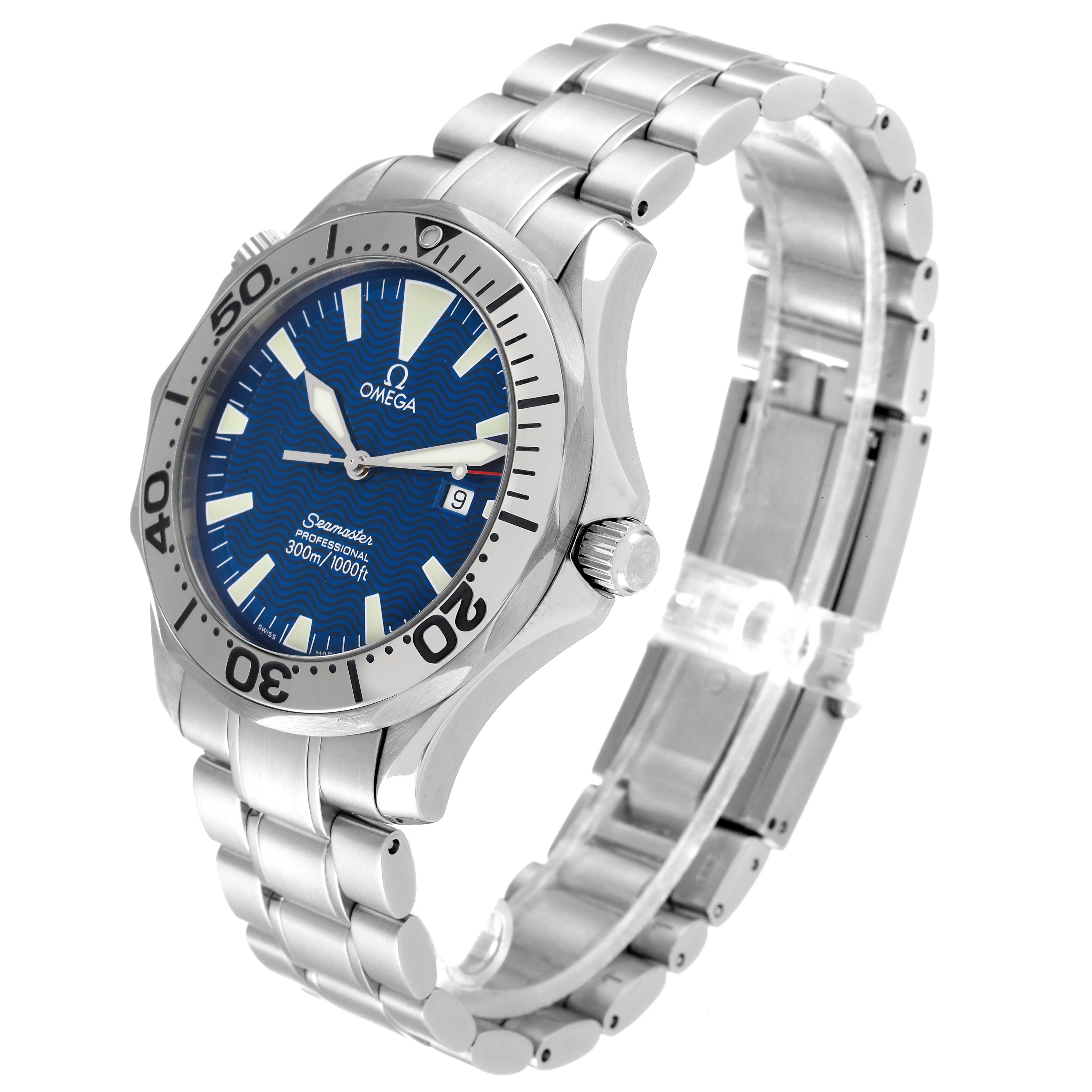 The Omega Seamaster 2265.80.00 Men's Stainless Steel Blue Dial 2265.80.00 Men's Stainless Steel Blue Dial watch is shown in a three-quarter angle, displaying its face, bezel, crown, and stainless steel bracelet.