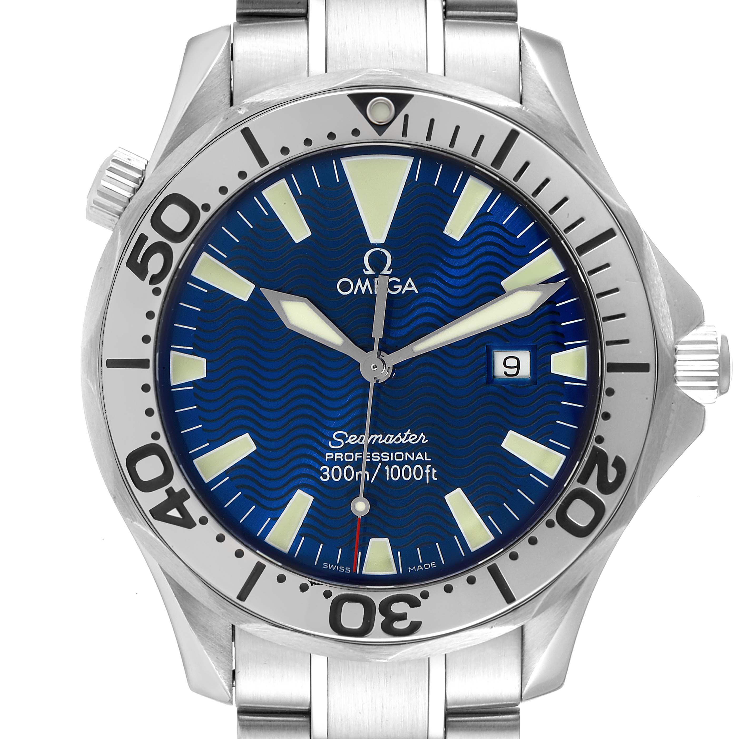 The image shows a front view of the Omega Seamaster 2265.80.00 Men's Stainless Steel Blue Dial 2265.80.00 Men's Stainless Steel Blue Dial watch, highlighting its dial, bezel, and bracelet.