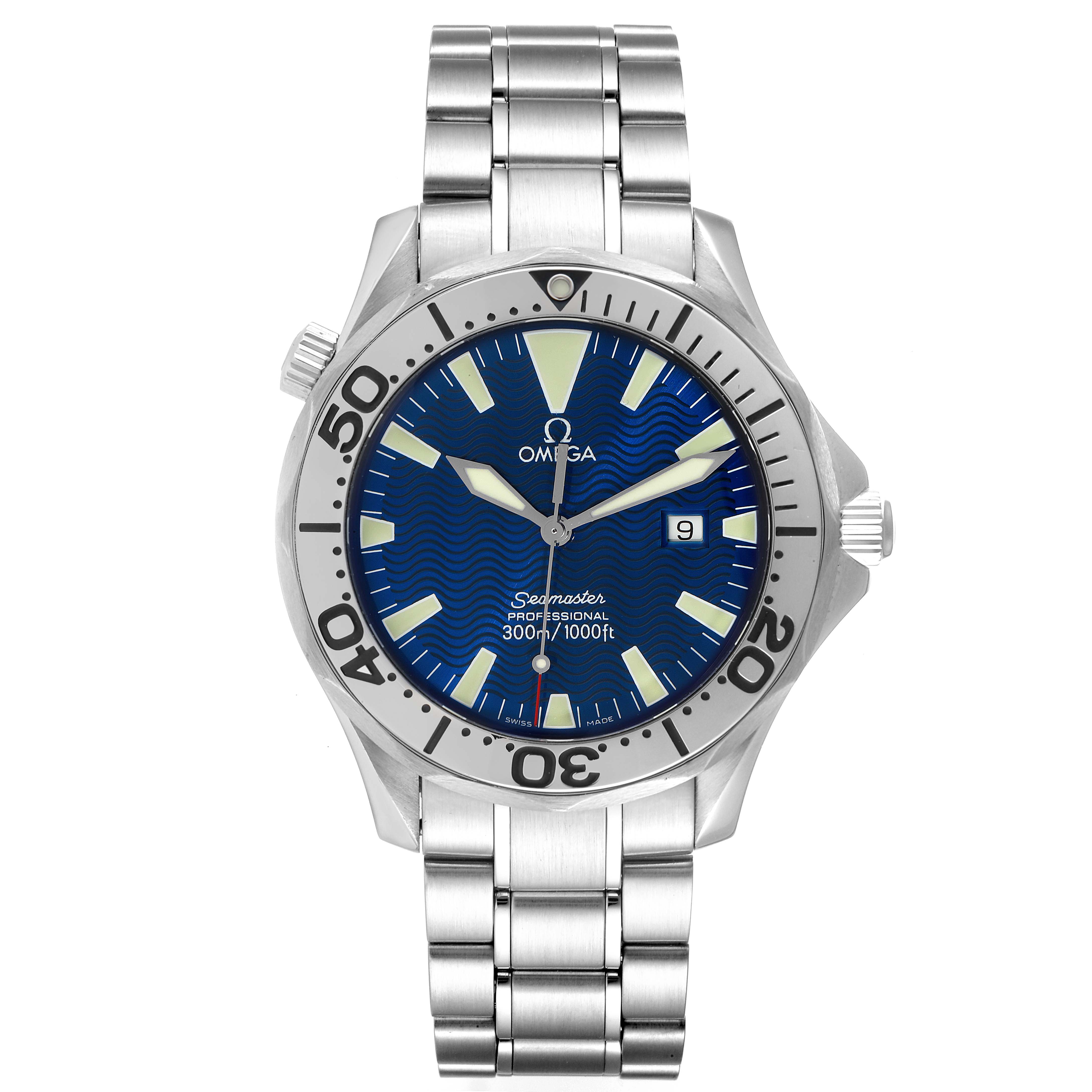 The Omega Seamaster 2265.80.00 Men's Stainless Steel Blue Dial 2265.80.00 Men's Stainless Steel Blue Dial watch is shown from the front, displaying its dial, bezel, crown, and stainless steel bracelet.