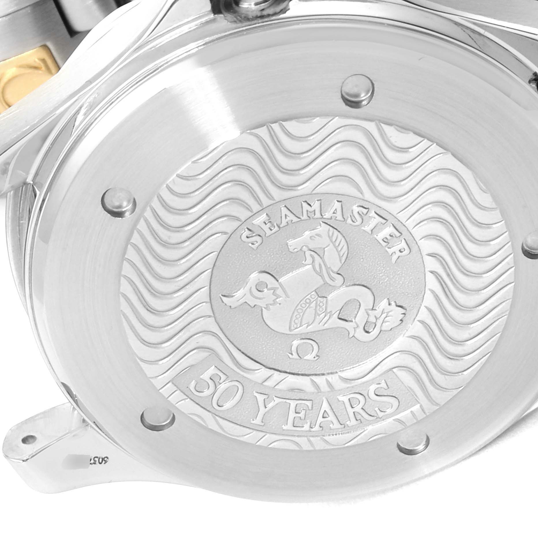The image shows the engraved case back of the Omega Seamaster 2234.50.00 Men
s Stainless Steel Black Dial 2234.50.00 Men
s Stainless Steel Black Dial watch, featuring a "50 Years" commemorative design.