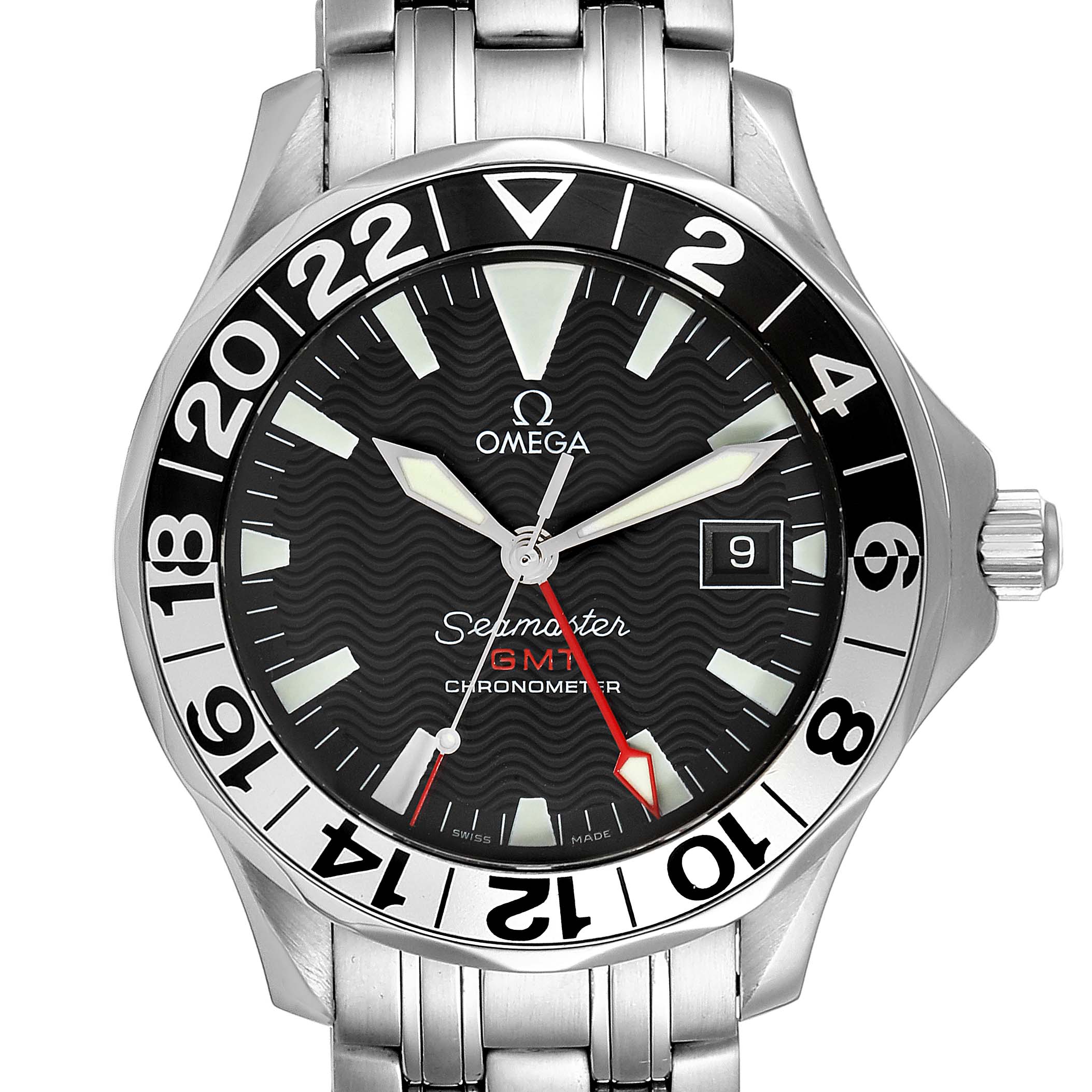 The image shows the front view of an Omega Seamaster 2234.50.00 Men
s Stainless Steel Black Dial 2234.50.00 Men
s Stainless Steel Black Dial GMT Chronometer watch, highlighting its dial, hands, bezel, and part of the bracelet.