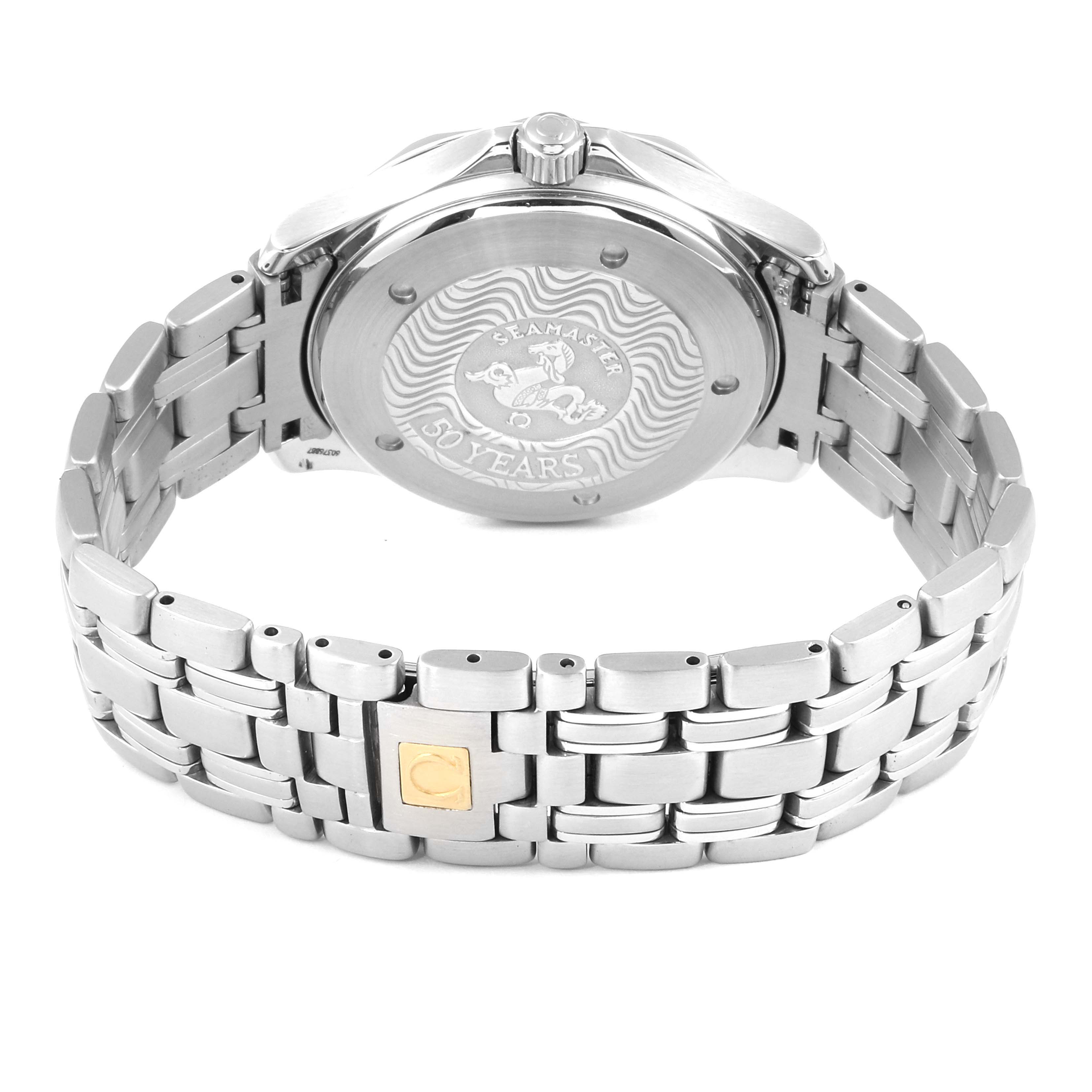 The image shows the case back and bracelet of an Omega Seamaster 2234.50.00 Men
s Stainless Steel Black Dial 2234.50.00 Men
s Stainless Steel Black Dial watch, highlighting "50 YEARS" engraving.